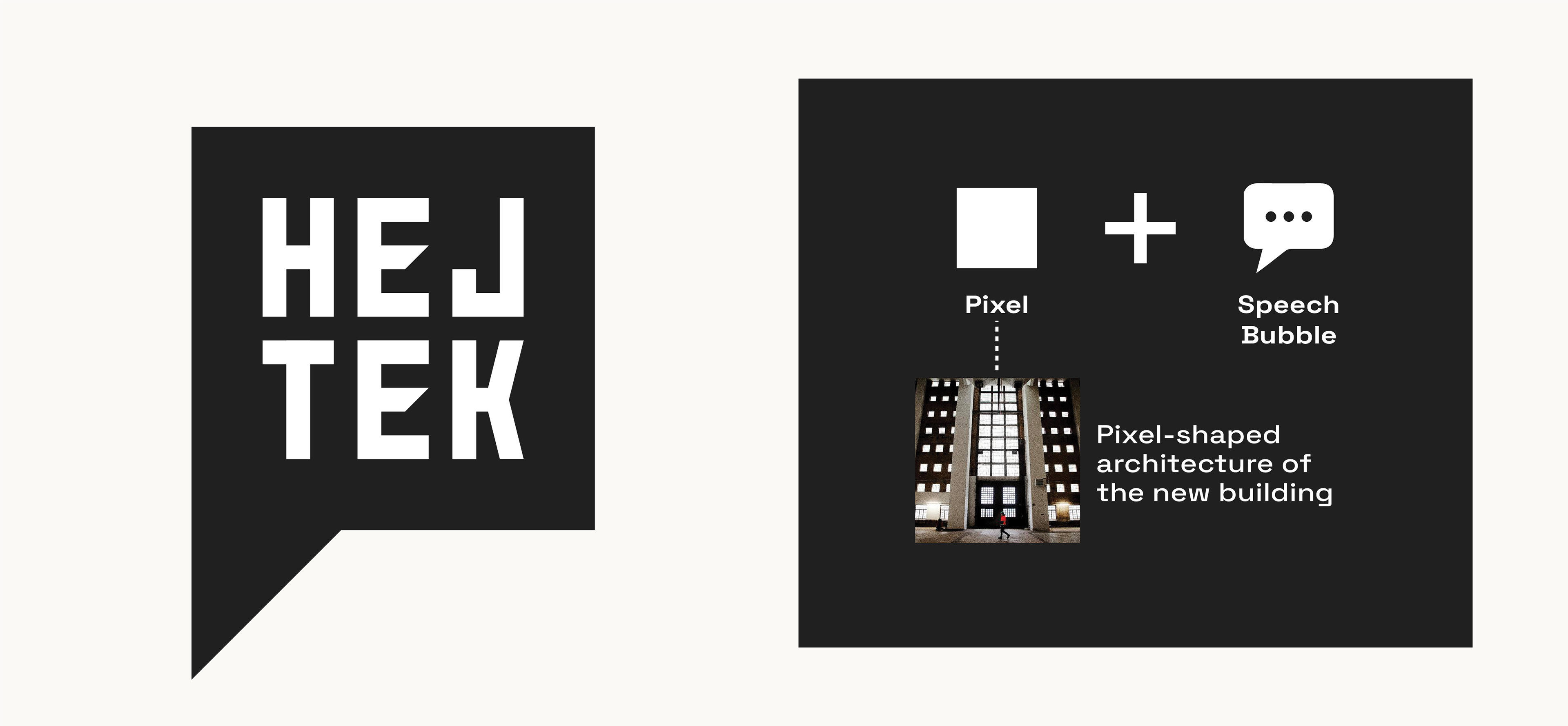 Logo 2: a black box with a triangle in the bottom left making it look like a speech bubble. The name "HEJ TEK" is centered in the box. Explanation that the box mirrors the pixel-shaped architecture of the new building, for example its many square windows.