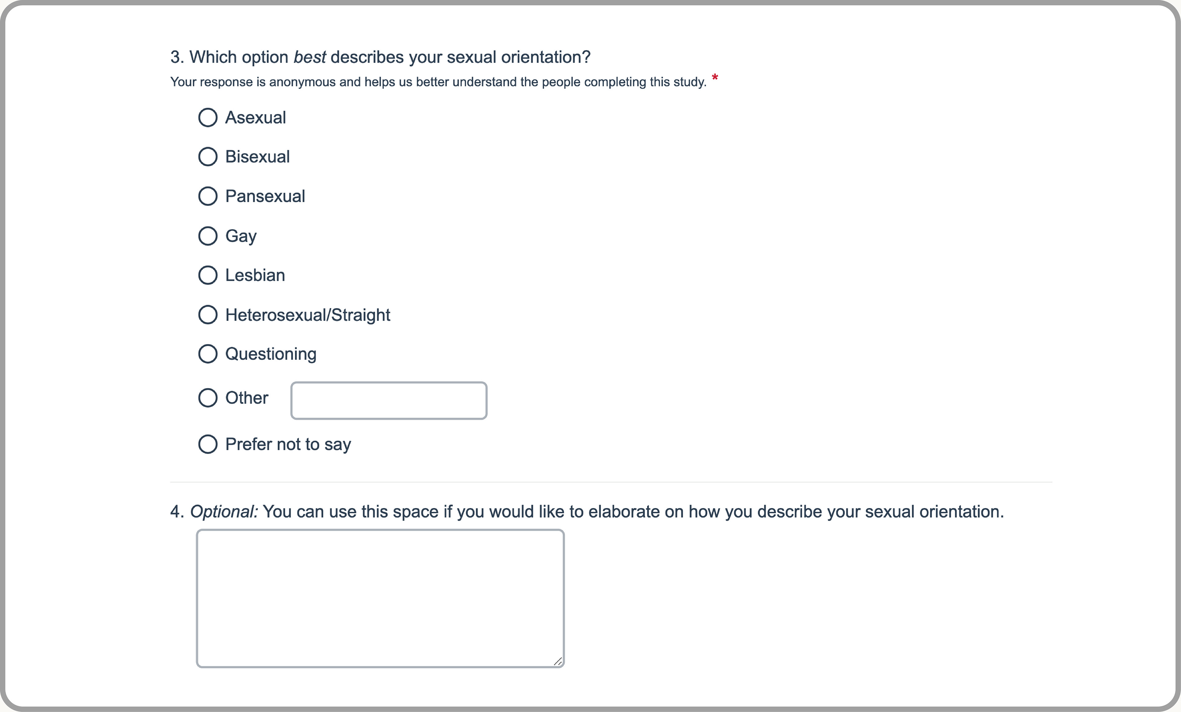 Experiment screenshot: which option best describes your sexual orientation with inclusive list of options, other option, prefer not to say option, and optional open-ended text box to ellaborate.