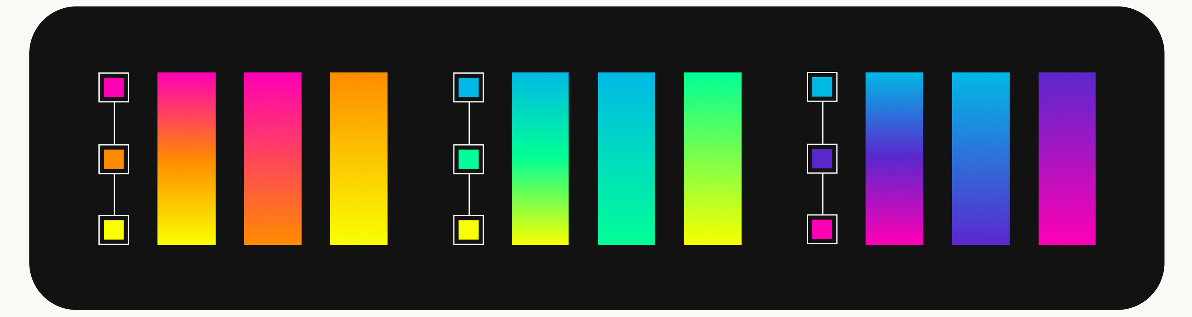 The 3 gradient paths. Pink, Orange, Yellow. Blue, Green, Yellow. Blue, Purple, Pink.
