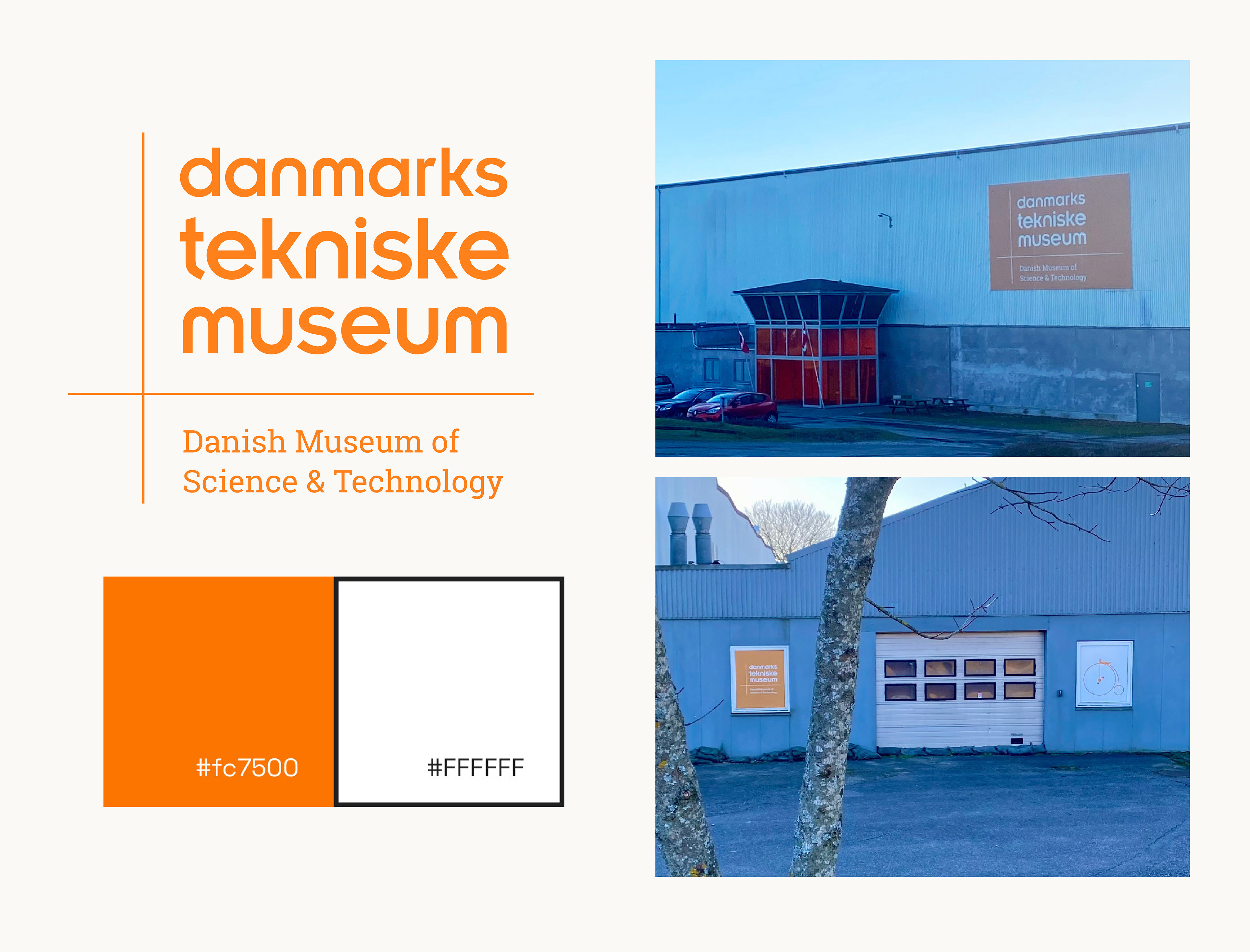 2 images of the real museum's facade with orange and white branding on large posters.