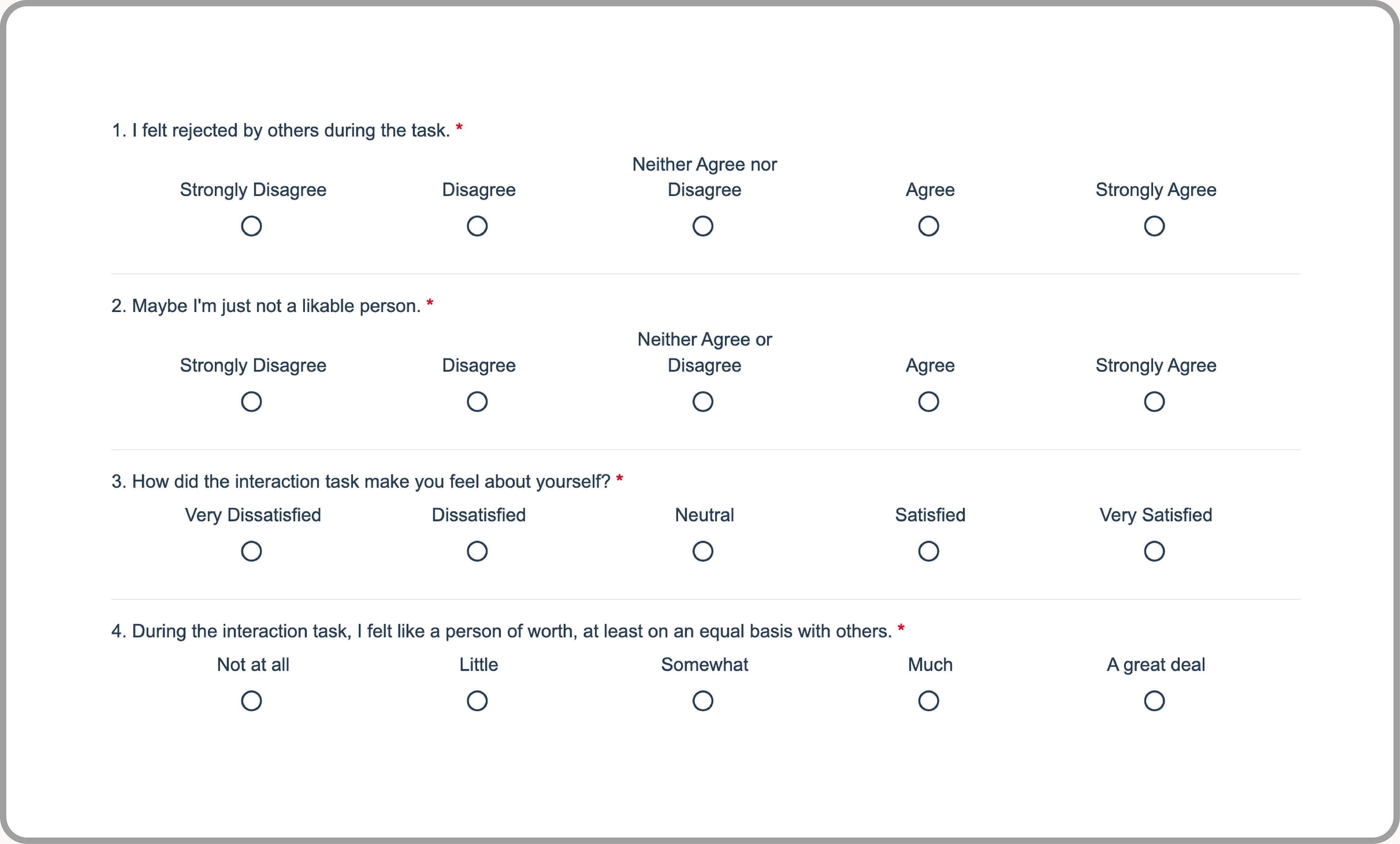Experiment screenshot: 4 post questionnaire sample questions asking about feelings of rejection, likability, self-esteem, and worth.