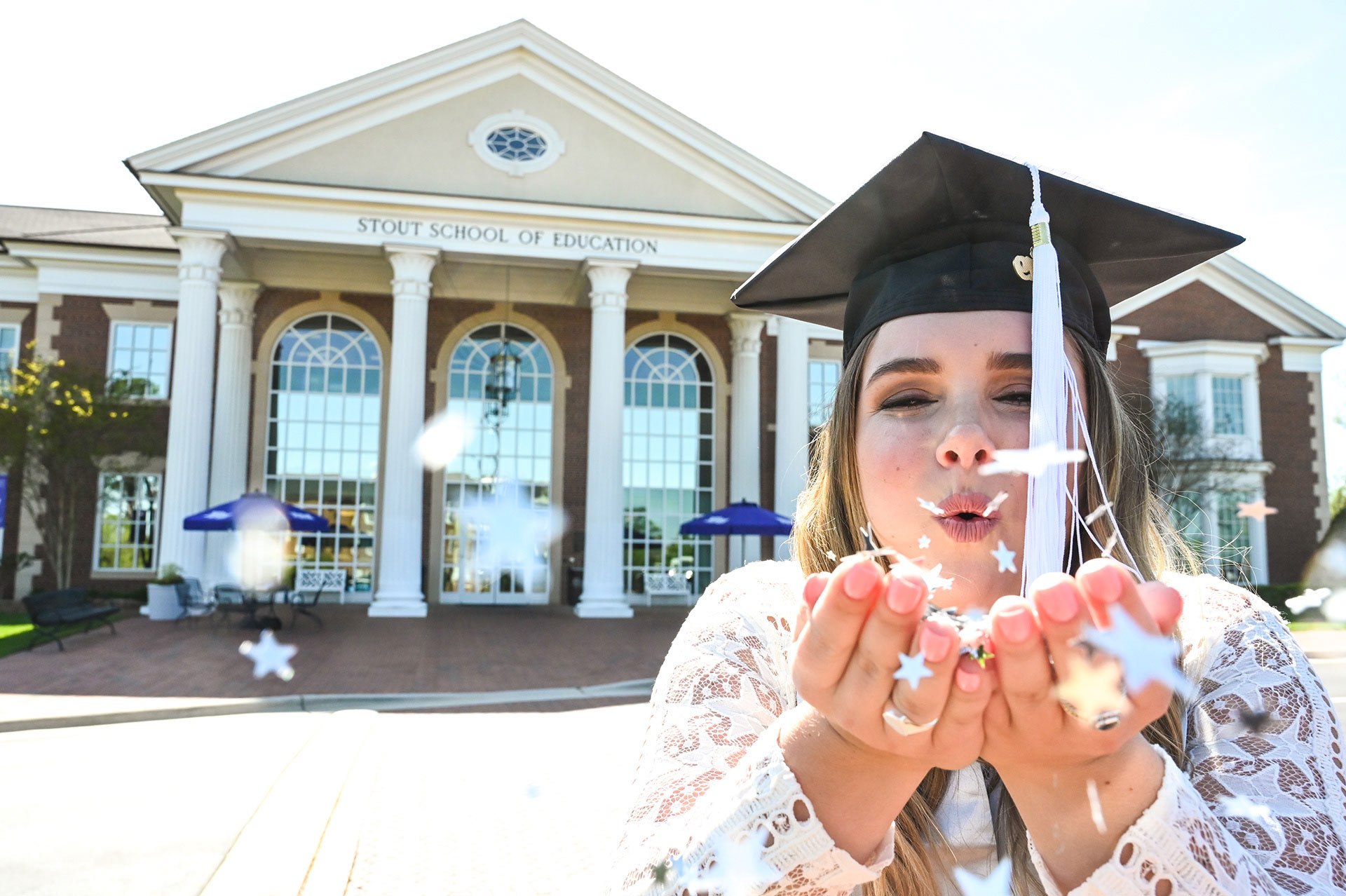Photo in front of the Stout School of Education