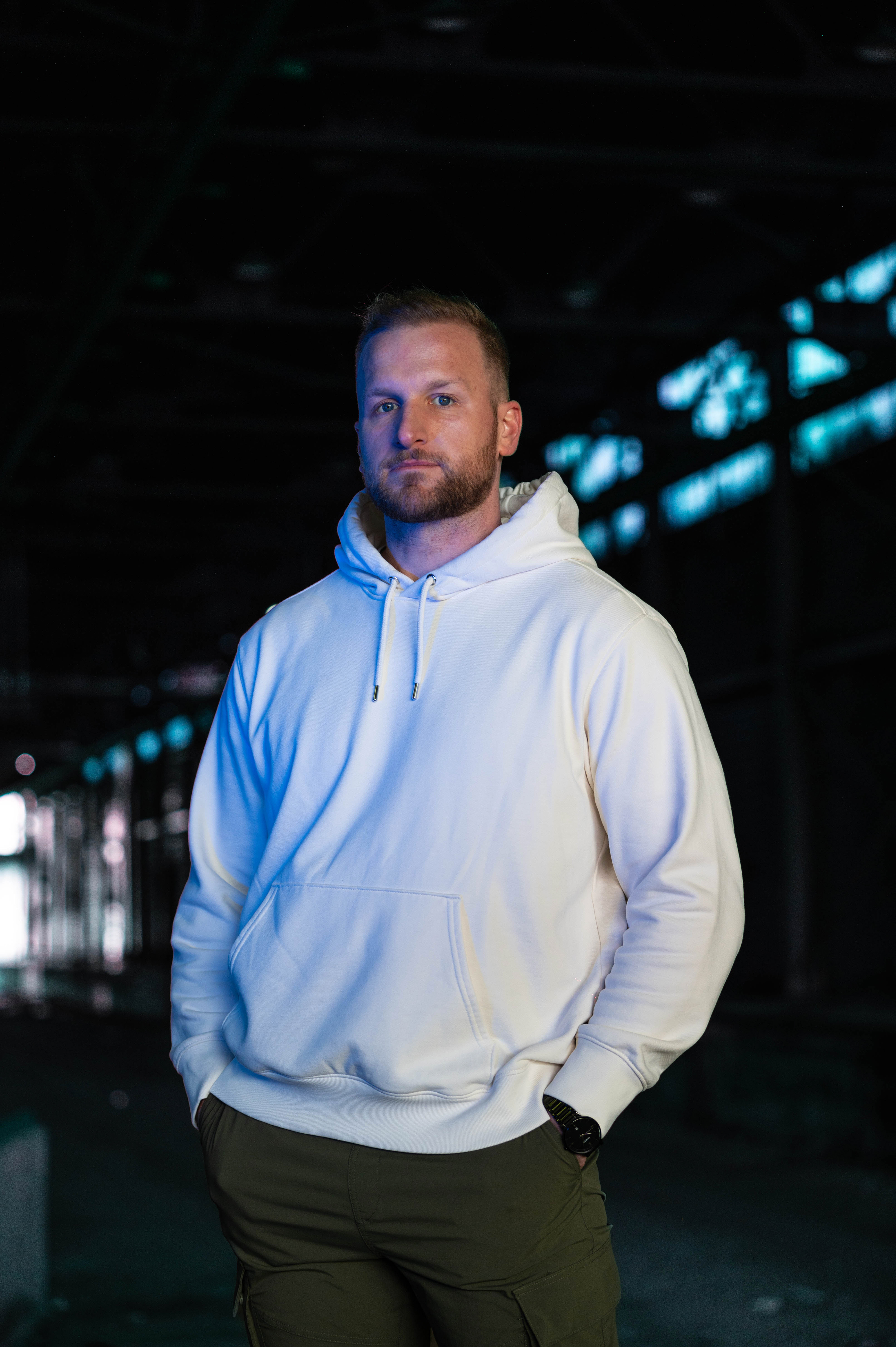 DJ with bright blue lights