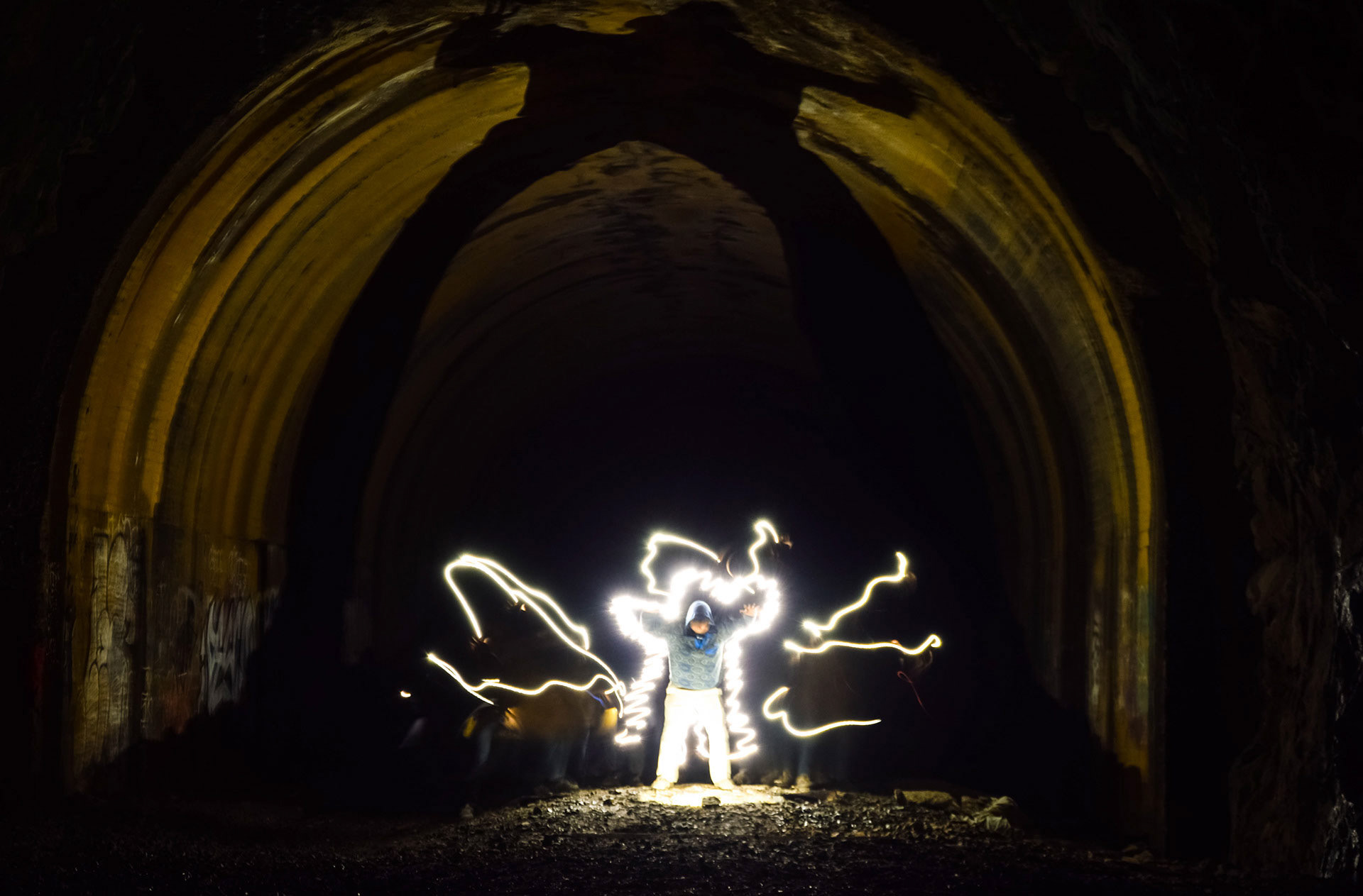 Making it look like lightning is coming out of the man in a tunnel