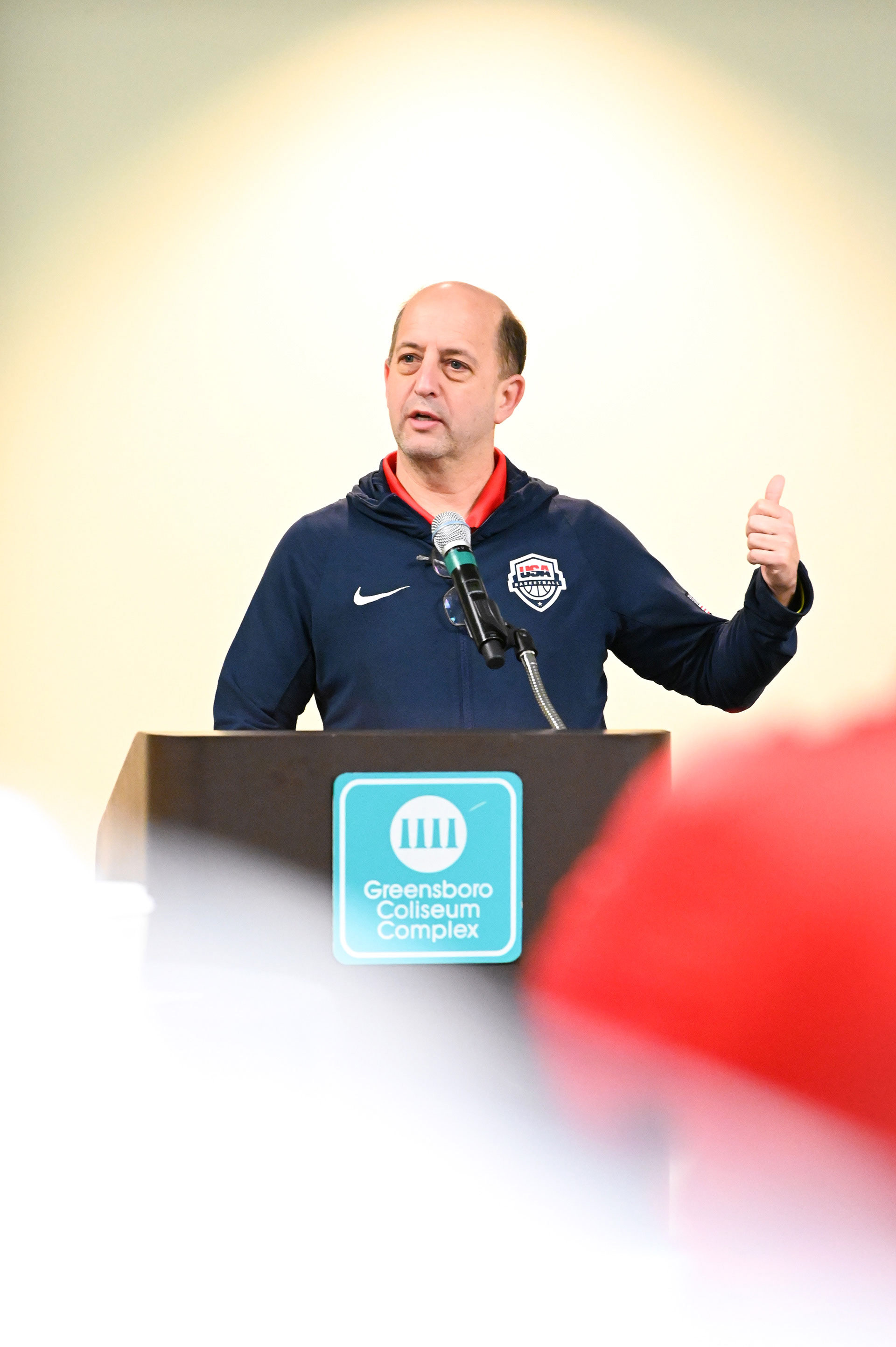 Jeff Van Gundy giving an interview for USA basketball in the Greensboro Coliseum