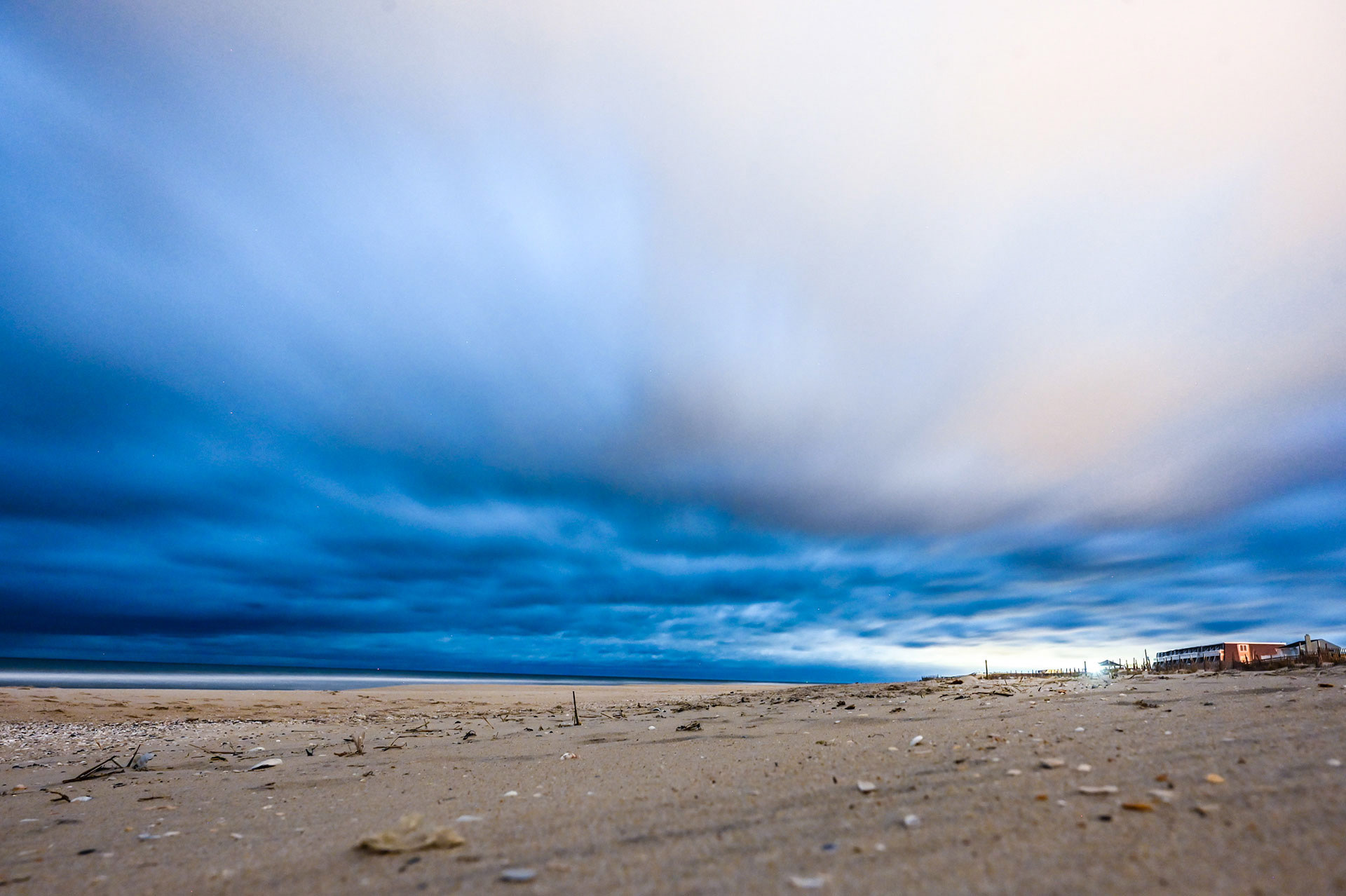 A beach at night looking like it is day time from the exposure