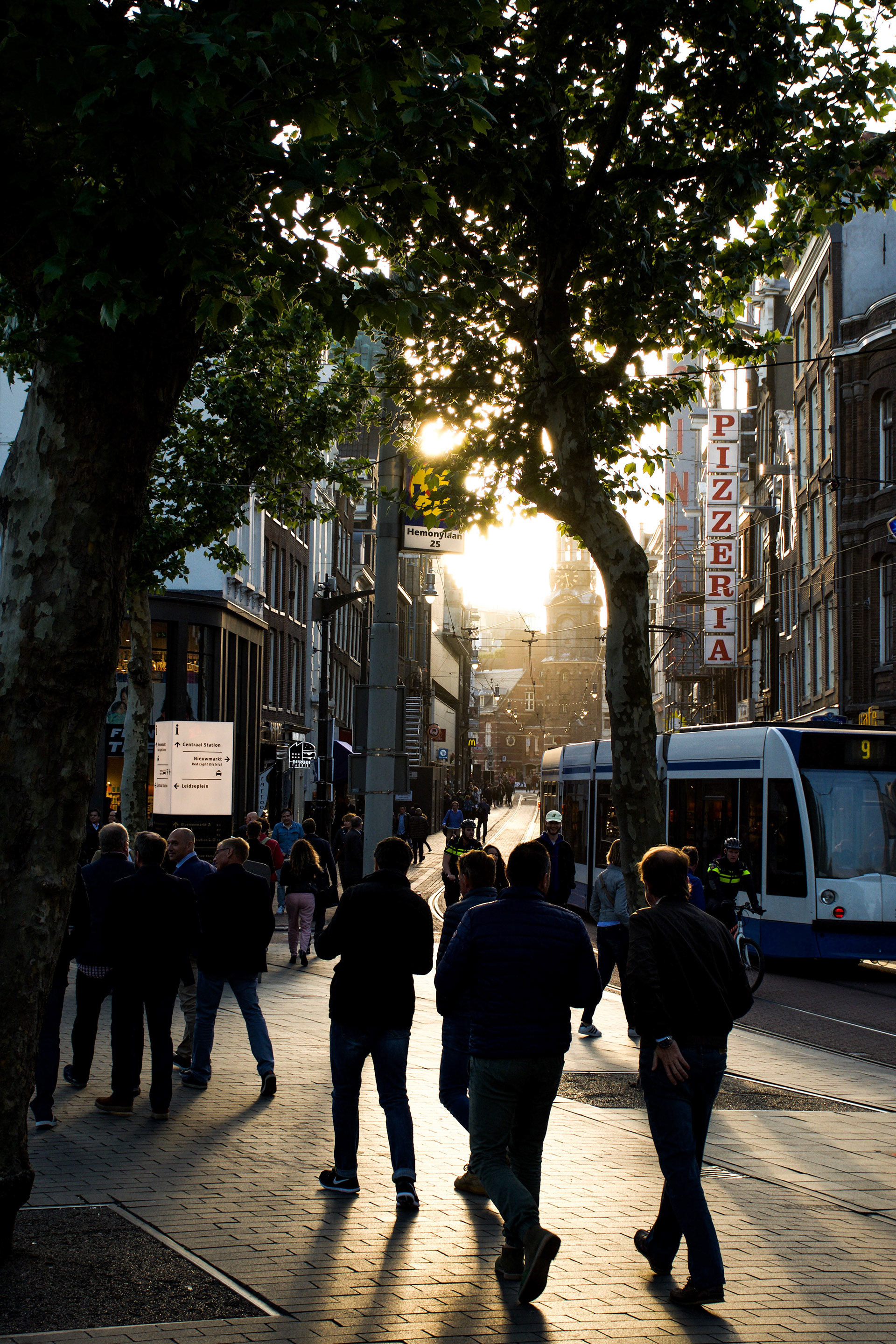 Street with a lot of people and lightrails going by