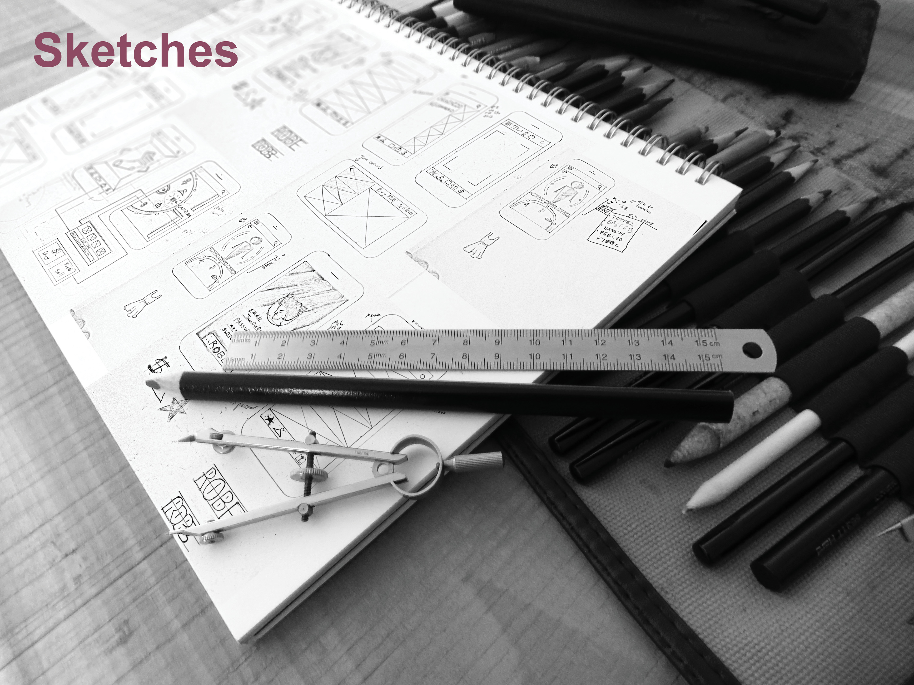 Low-fidelity wireframe sketches outlining the app’s early layout, user flow, and interaction structure