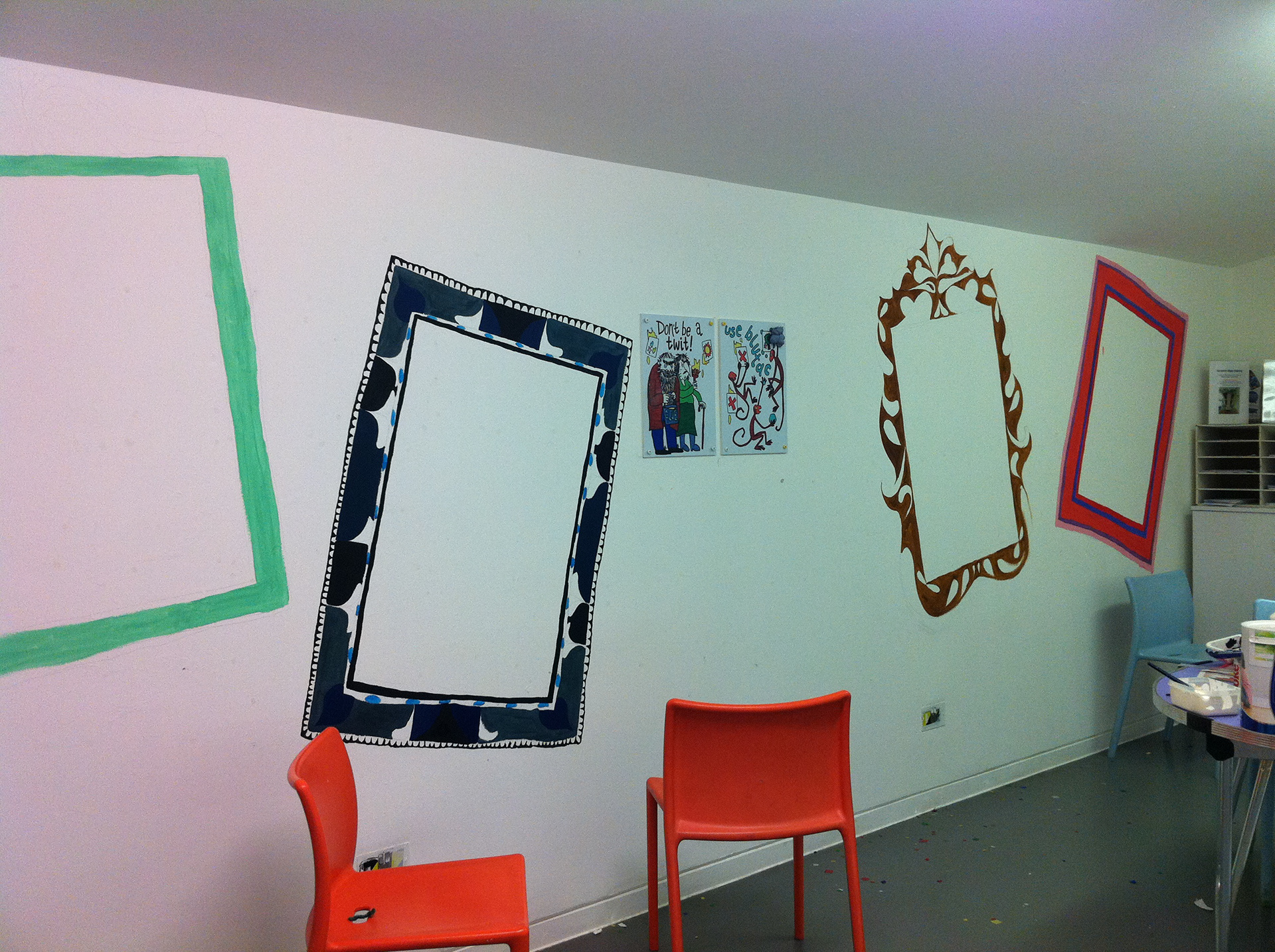 Picture frames painted onto the craft room walls at the Roald Dahl Museum