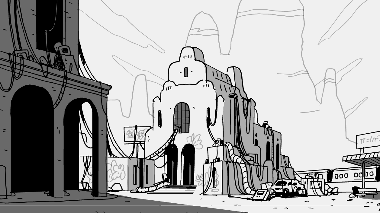 Doorstep of wires background rough for "Mujeres" storyboard animatic