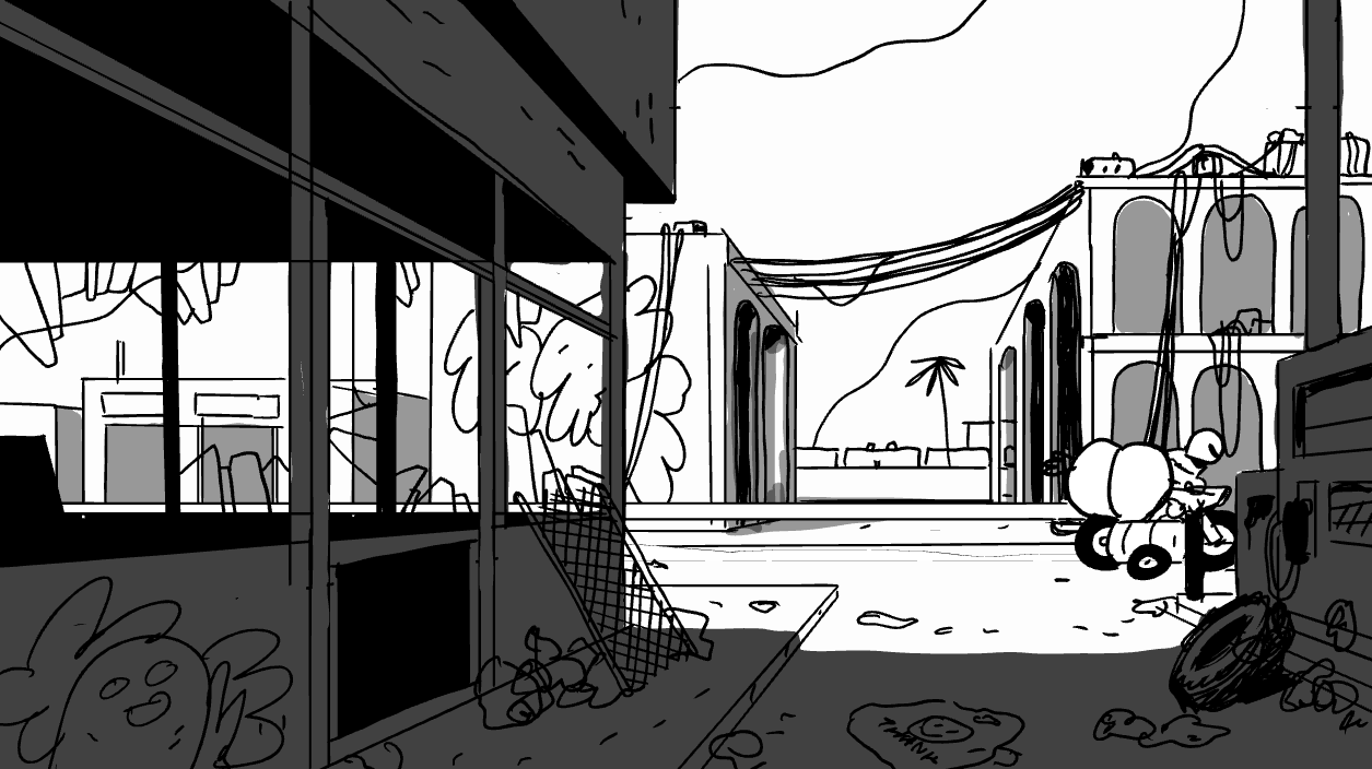 Entering the city of wires background rough for "Mujeres" storyboard animatic