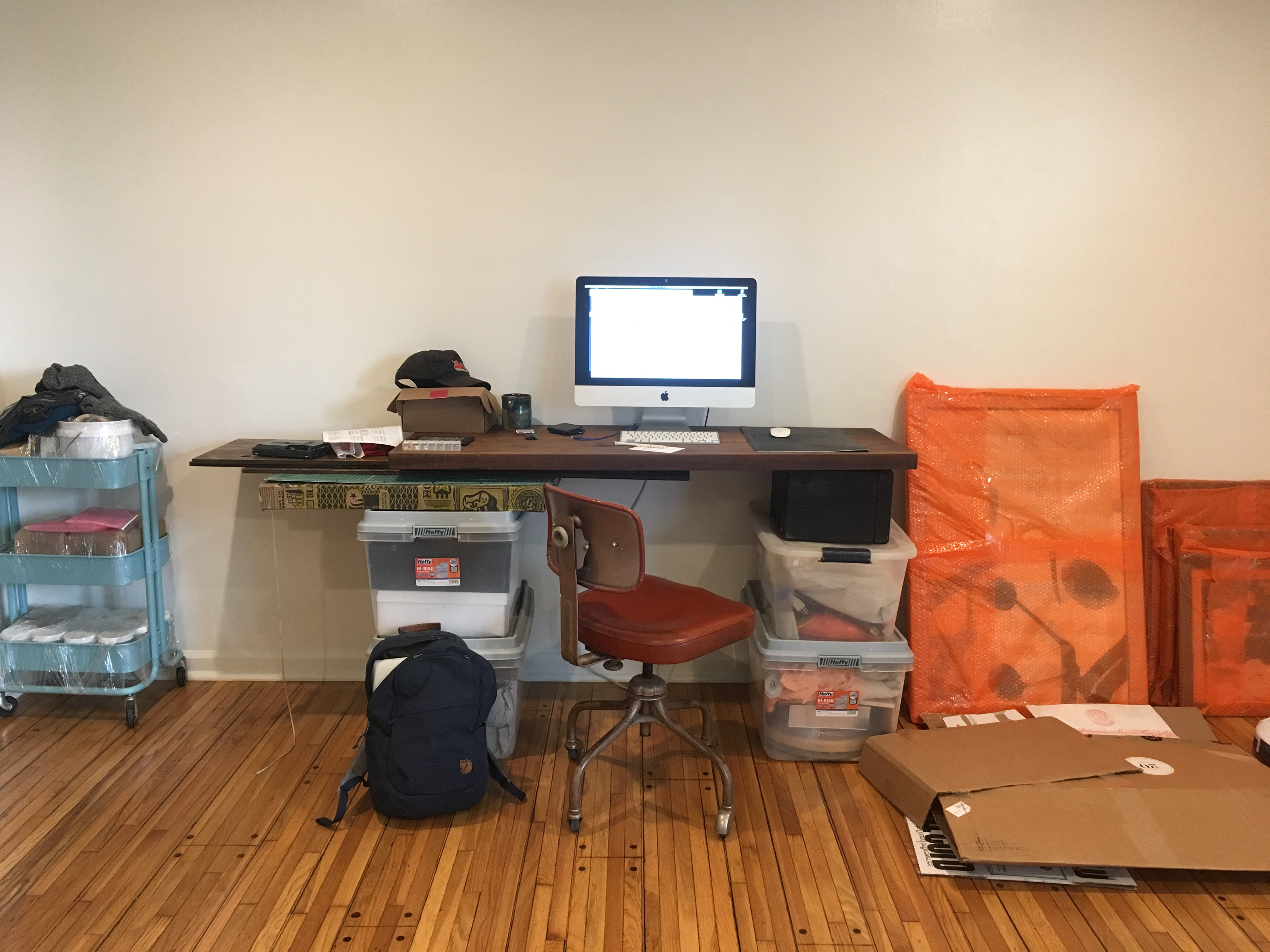 I had to work the day after we got into town. This was my makeshift desk for a week or so.