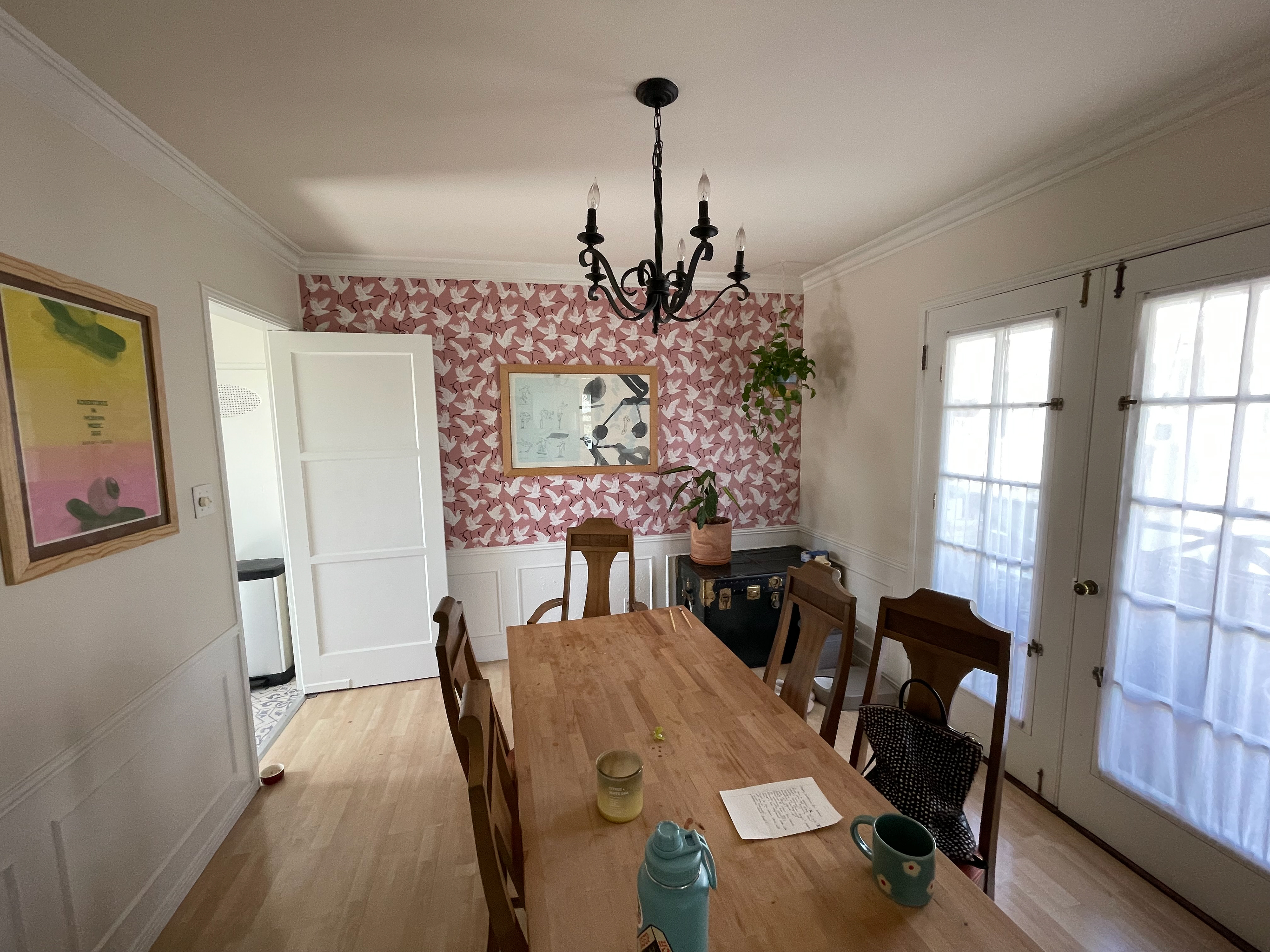 3.2.22 - We put up some temporary wallpaper in the dining room a few weeks ago. Now we just need a new dining table.
