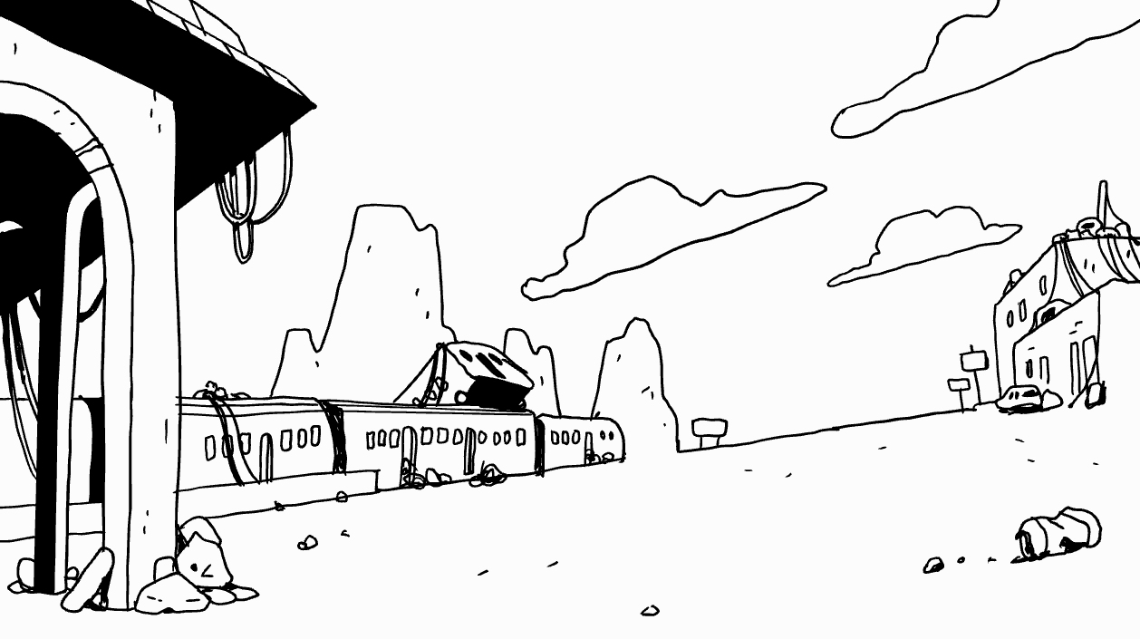 Exiting train yard background rough for "Mujeres" storyboard animatic
