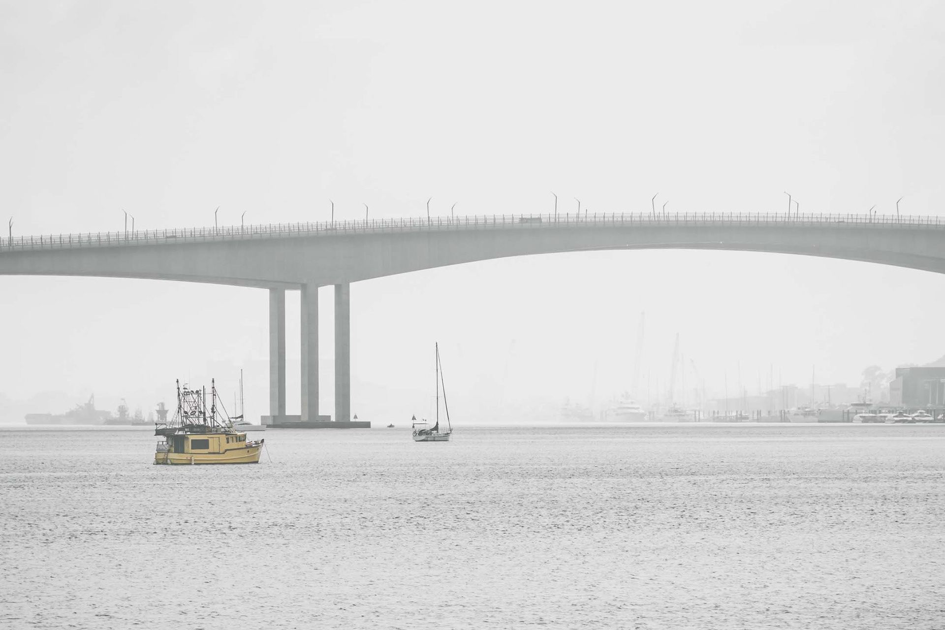 Here's a shot of the Sir Leo Hielscher Bridges (formerly "Gateway Bridge") taken while heading downstream on the Brisbane River on a foggy morning.
