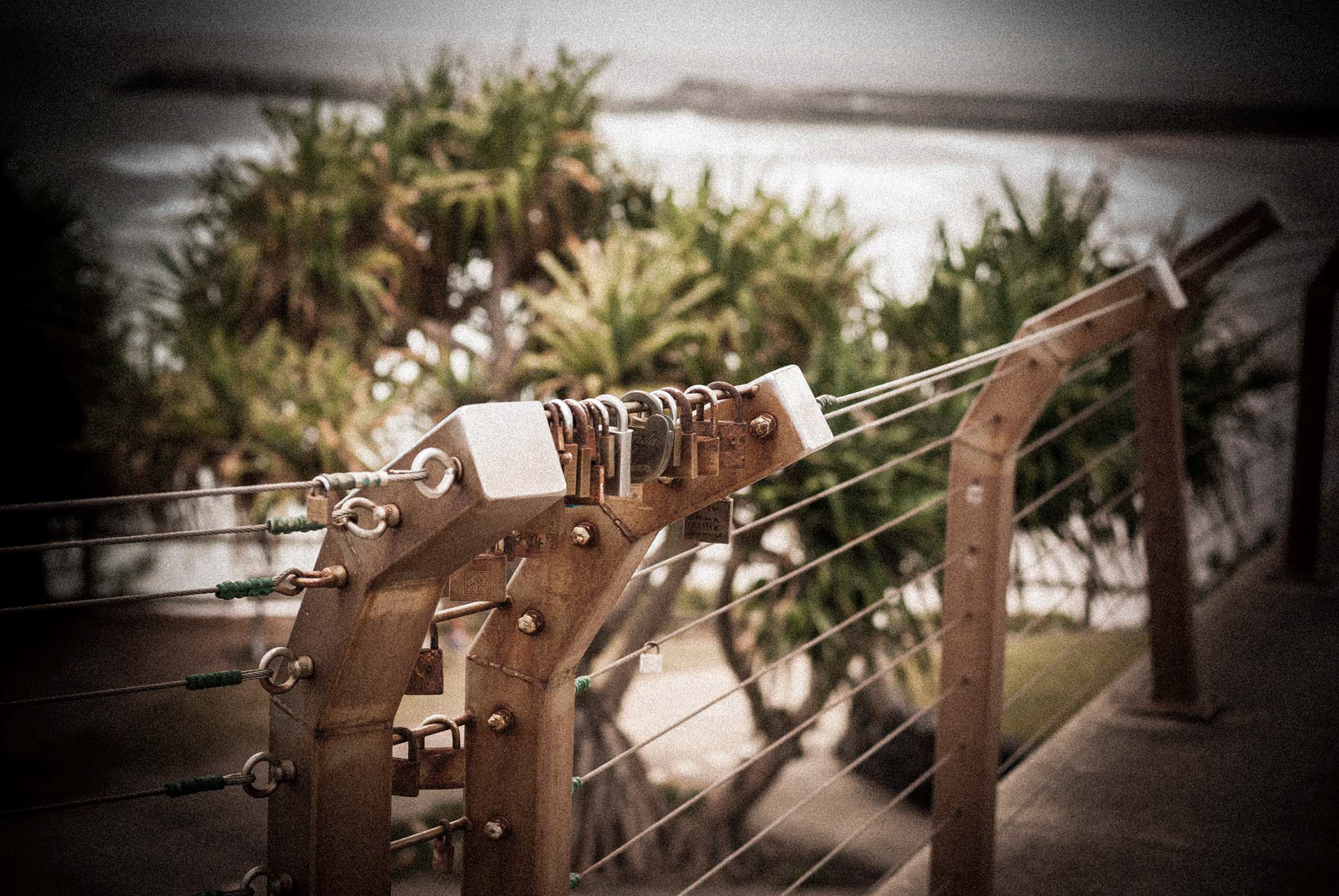 These locks were located in a railing at the lookout at Lighthouse Beach.