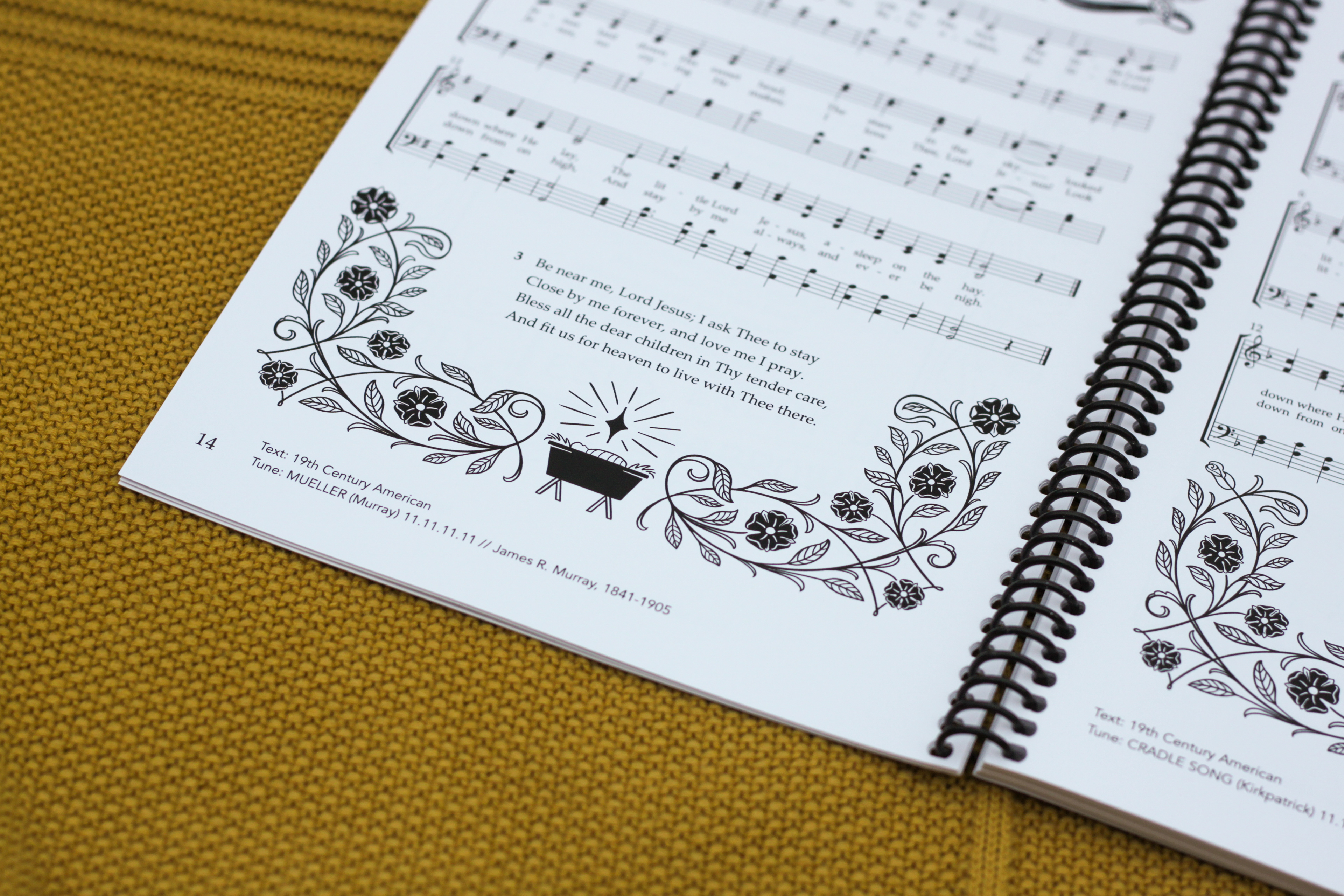 illustrations on the bottom of the pages featuring variations on "Away in a Manger"