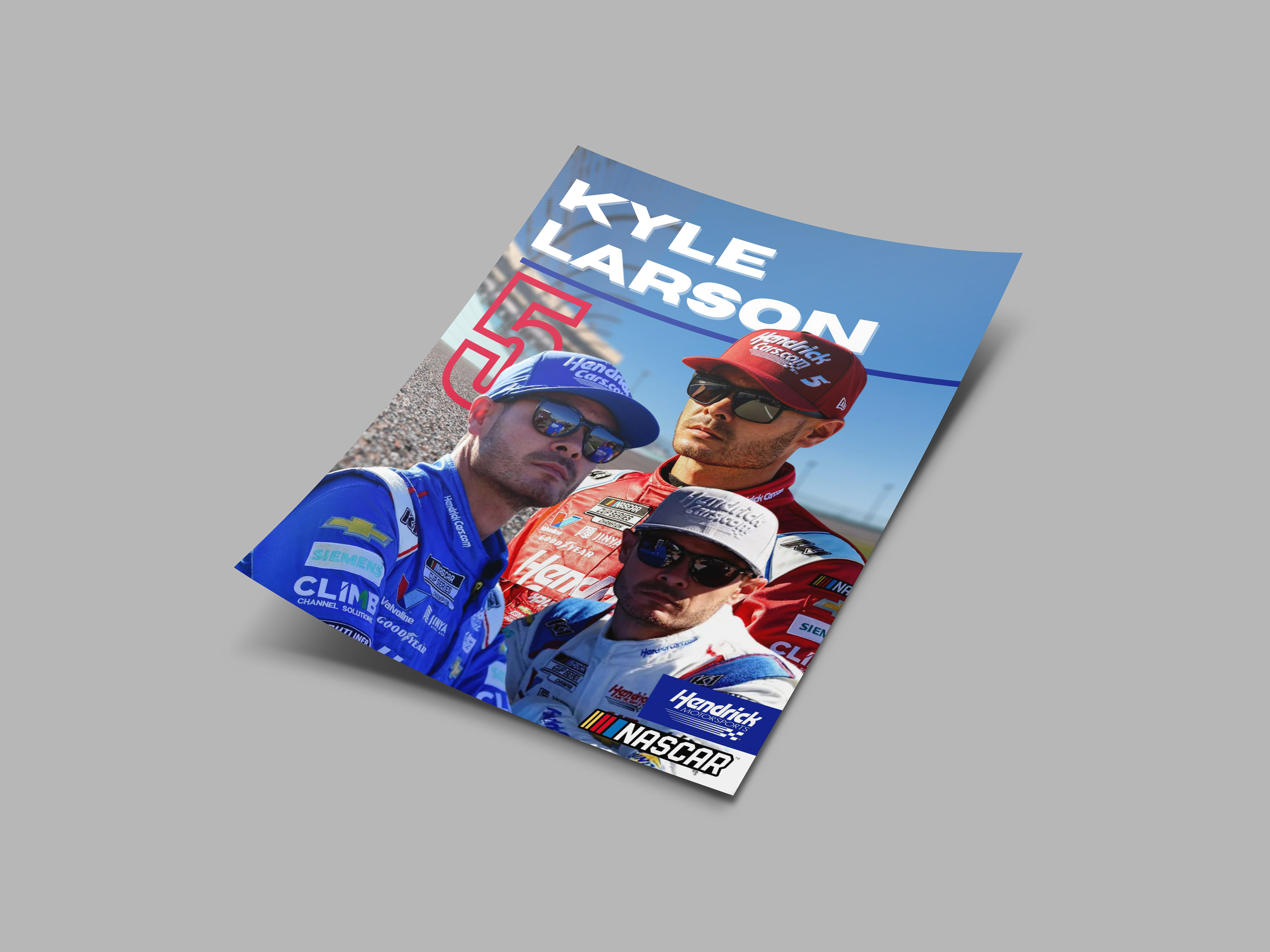 This poster was inspired by my favorite race car driver Kyle Larson. The goal was to showcase his known color scheme of red, white, and blue - while also showing off his driving number 5.