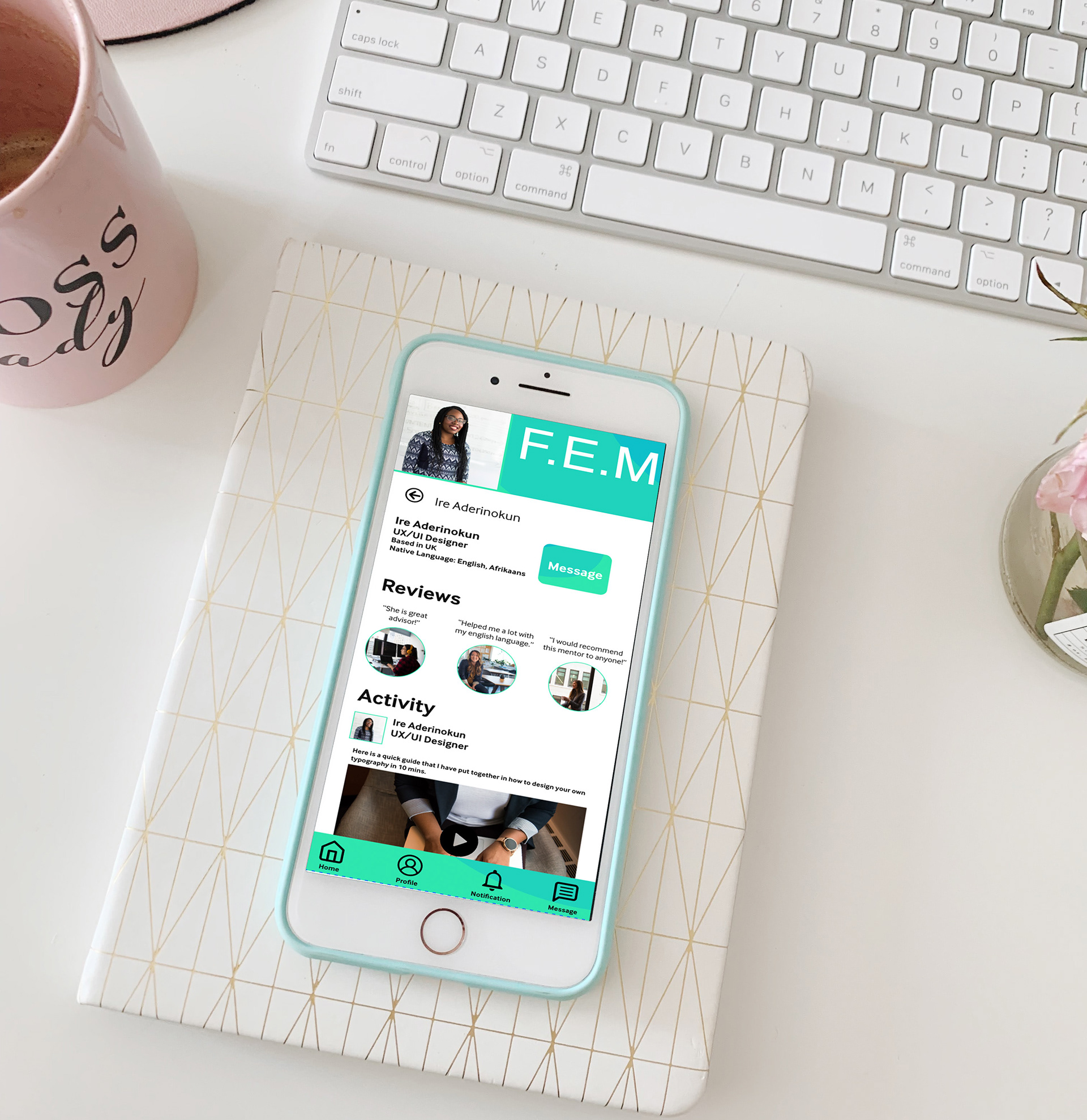 The screen of F.E.M a specialised app that helps women from underrepresented backgrounds to find mentors