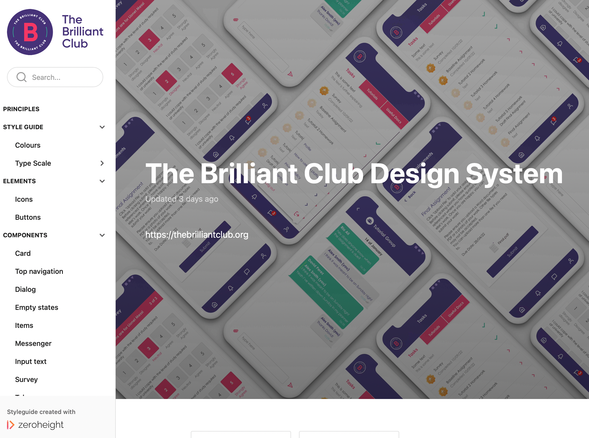 A screenshot of the design system documentation website, Zeroheight.com. The screenshot shows a list of components and different screens that are part of the design system. The website is used to document the design system and make it accessible to designers and developers.