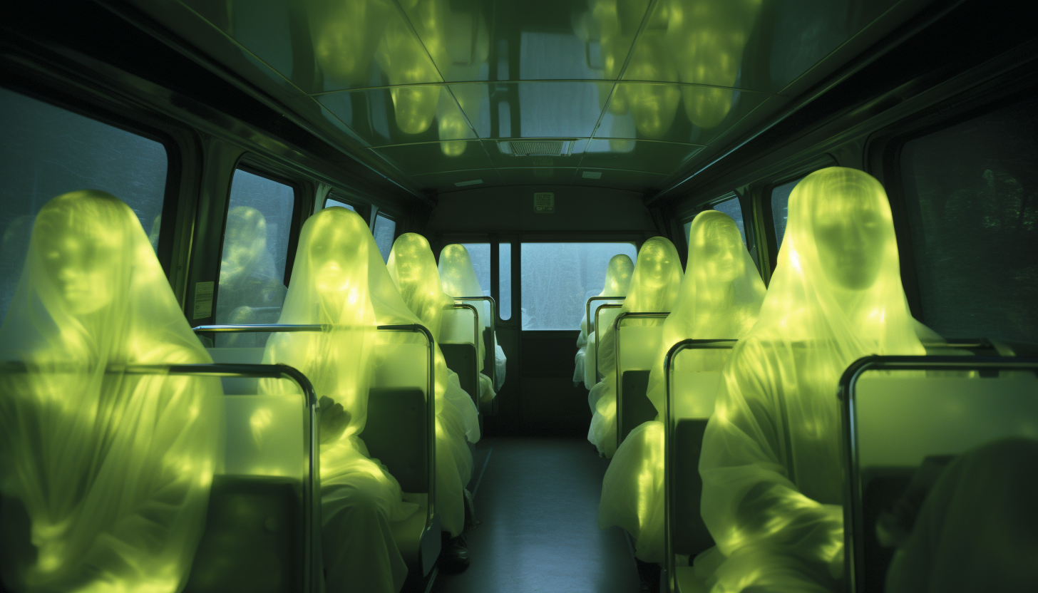 faceless kids in a bus projecting a neonyellowlight