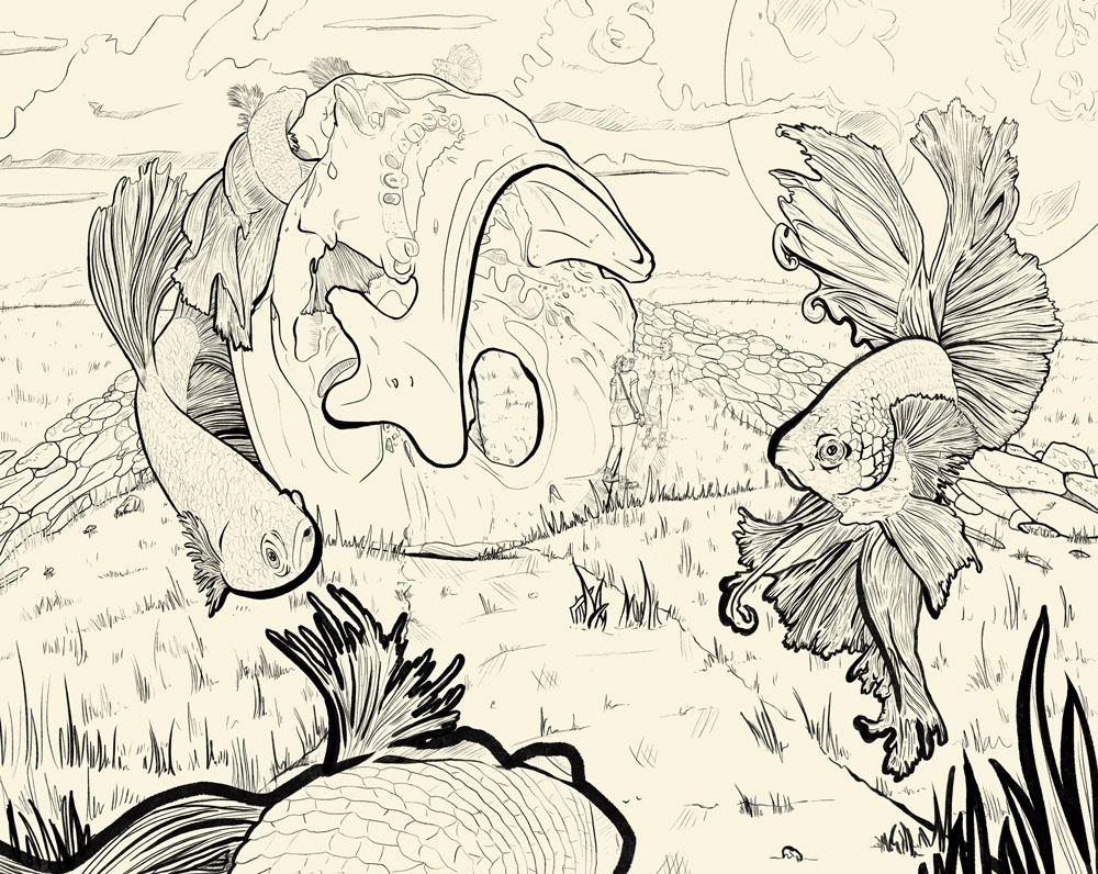 "Archaefishology" - Procreate illustration; B&W linework piece inspired by prompt of "fantastical things you don't typically see".
