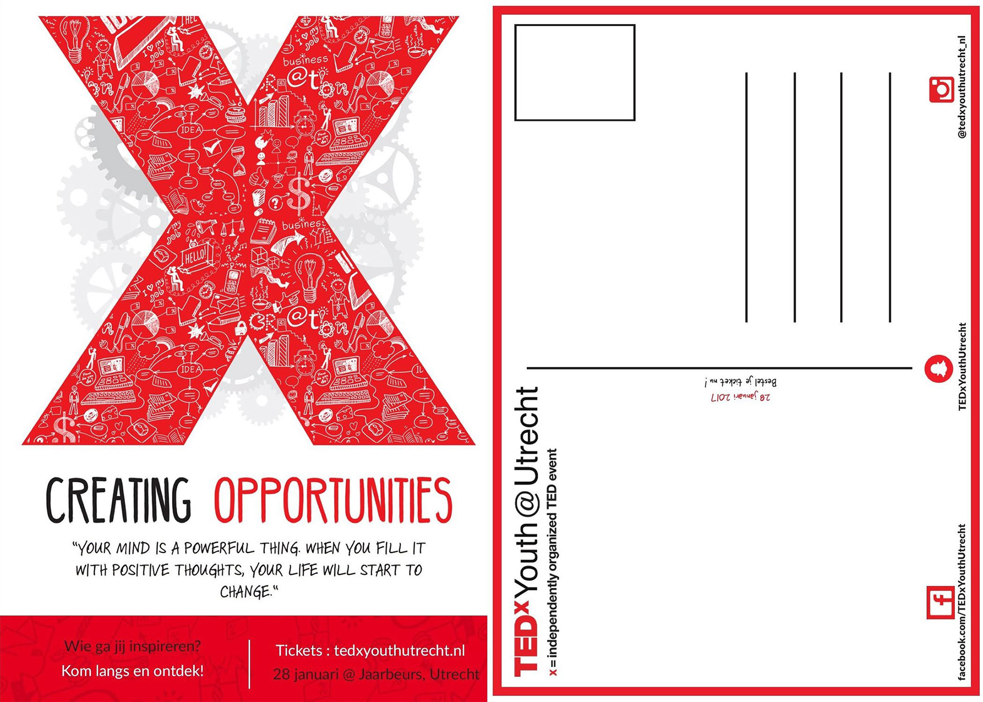 TEDxYouth Postcard: The postcard was created for the TEDxYouth event 2017 in Utrecht. It was printed and distributed to audience members of the pre-event.