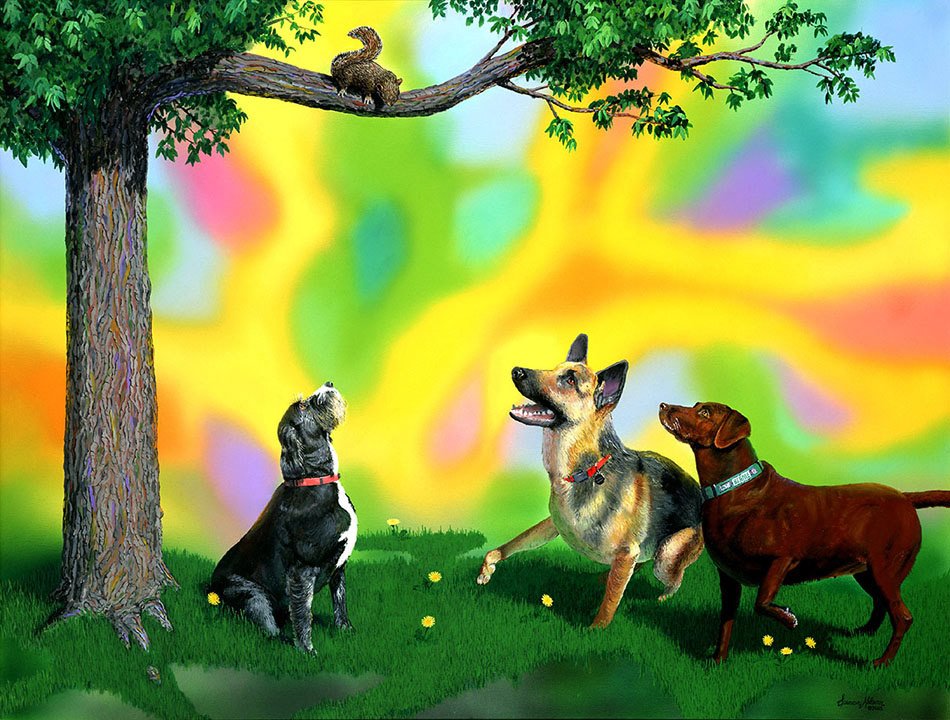"Three Comrades and a Squirrel" Acrylic on Canvas