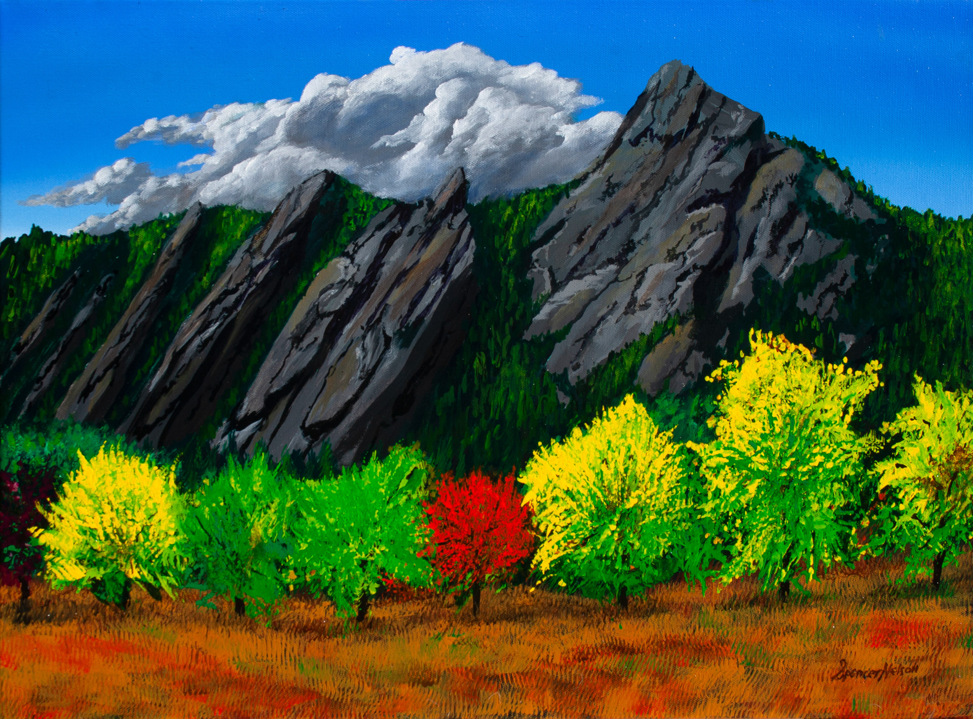 Boulder Flatirons, Fall acrylics on 18x24 canvas