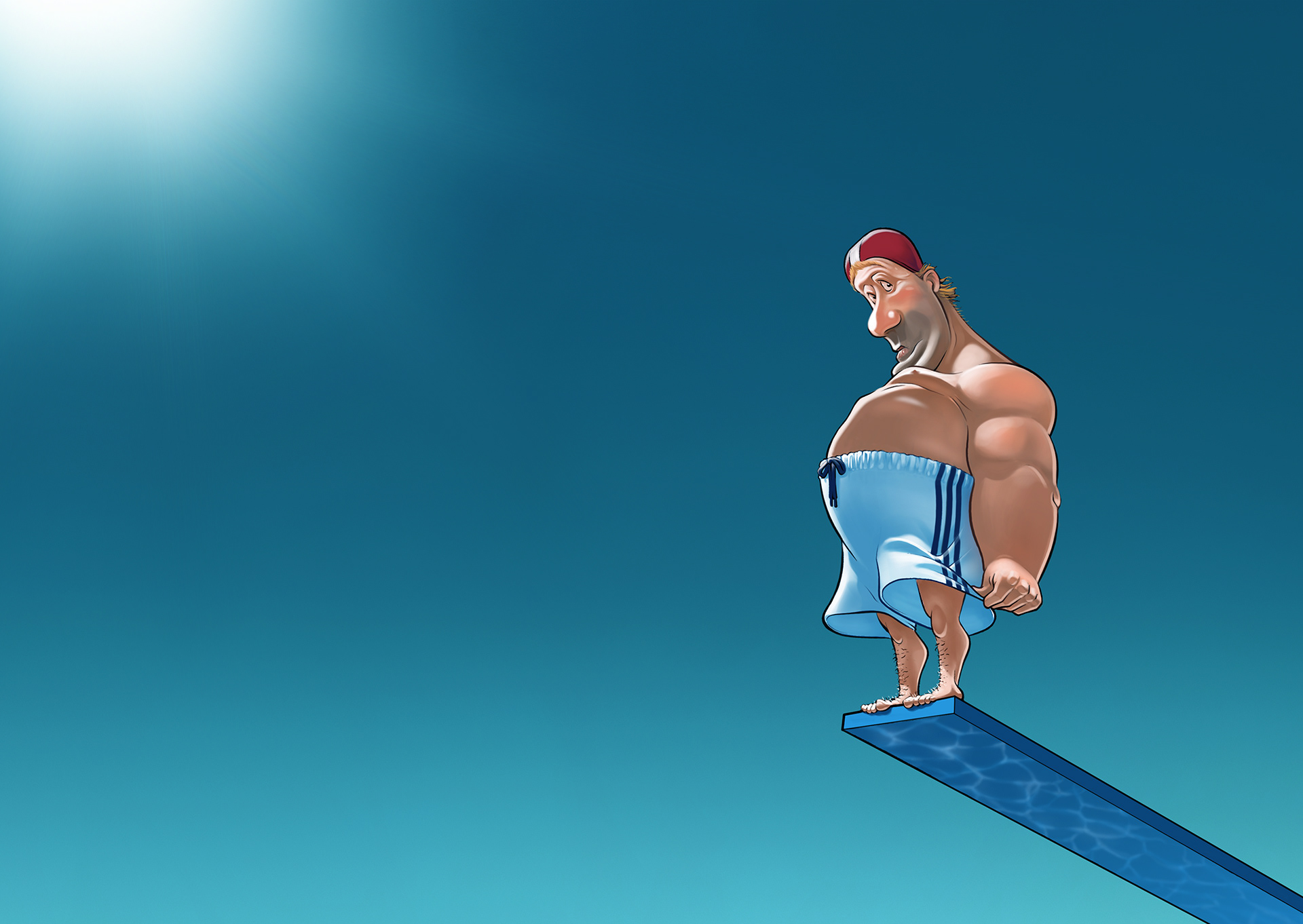 Mann in Badehose steht unsicher auf einem Sprungbrett und blickt ängstlich in Richtung Betrachter – konzeptionelle Illustration über Mut und Überwindung.