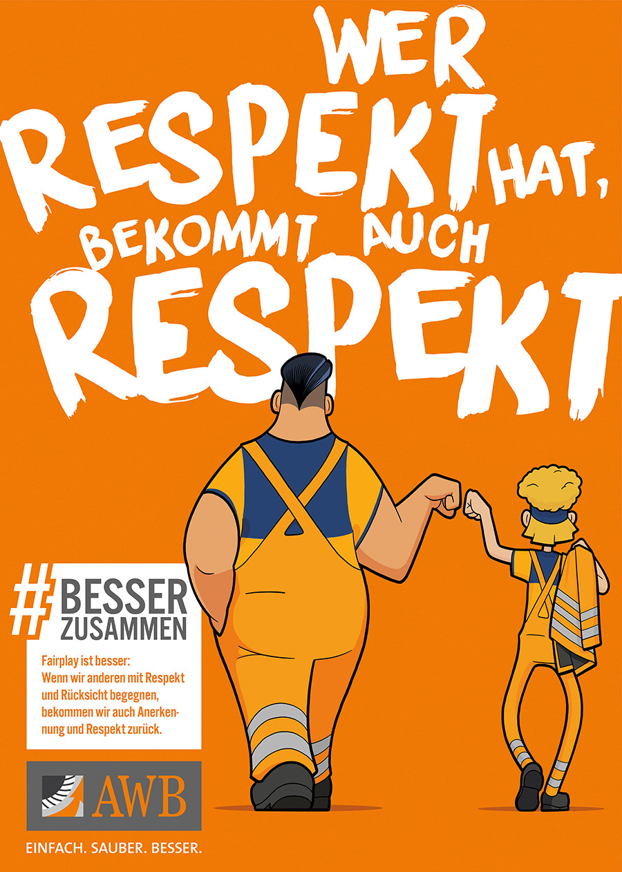 Zwei Müllwerker geben sich einen freundschaftlichen Faustgruß – Illustration zum Thema gegenseitiger Respekt im Team