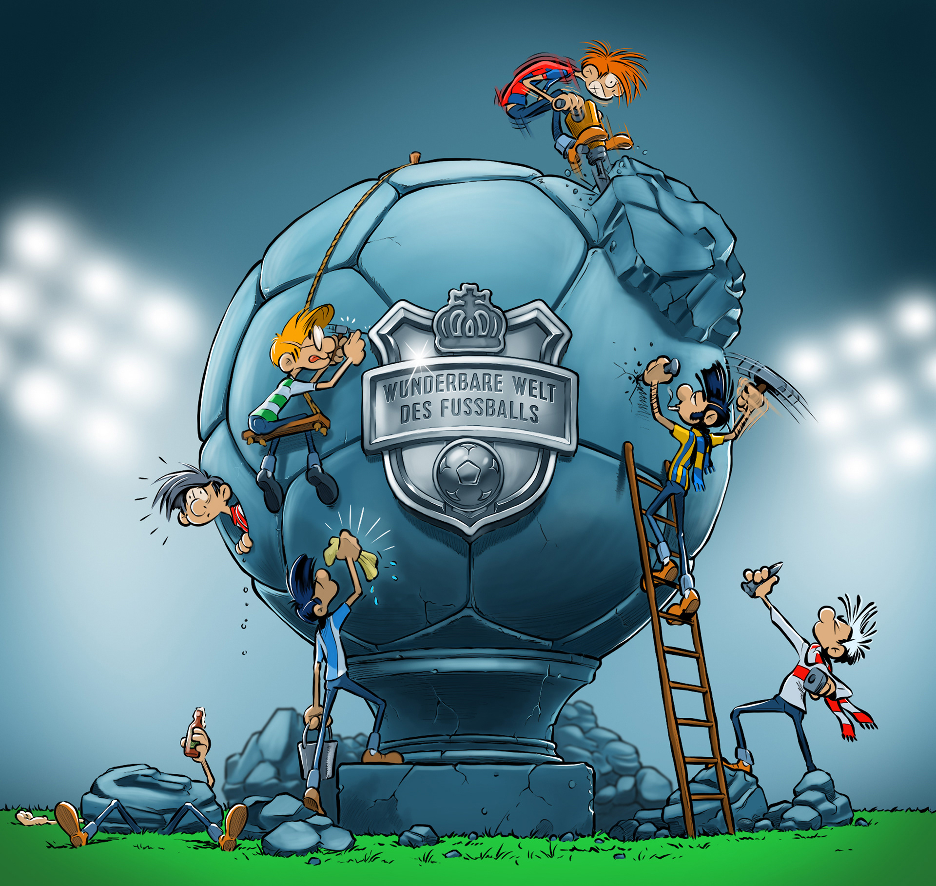 Comic-Illustration eines riesigen Fußballs als Denkmal mit Wappen-Emblem, umgeben von kletternden Comic-Jungen, im Flutlicht eines Stadions.