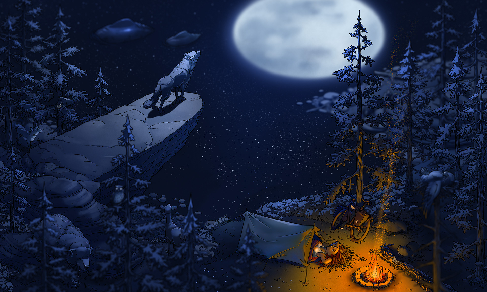 Isometrische Nacht-Illustration einer Bucht mit einem Wolf auf einem Fels, der den Mond anheult, und einer Camperin am Lagerfeuer.
