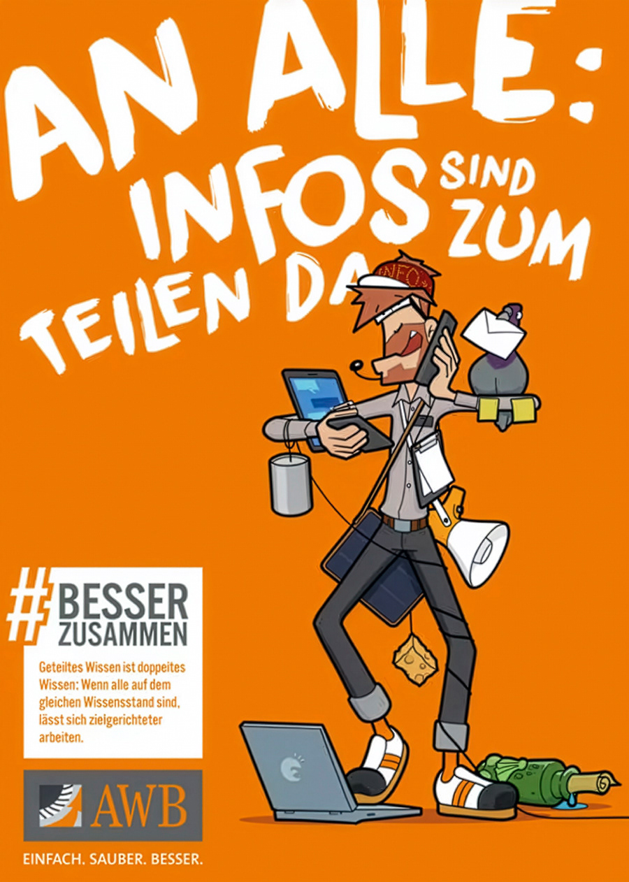 Illustration eines Mitarbeiters mit Laptop, Kaffee und Unterlagen, im Hintergrund eine Flaschenpost – Botschaft: Informationen mit dem Team teilen statt für sich behalten