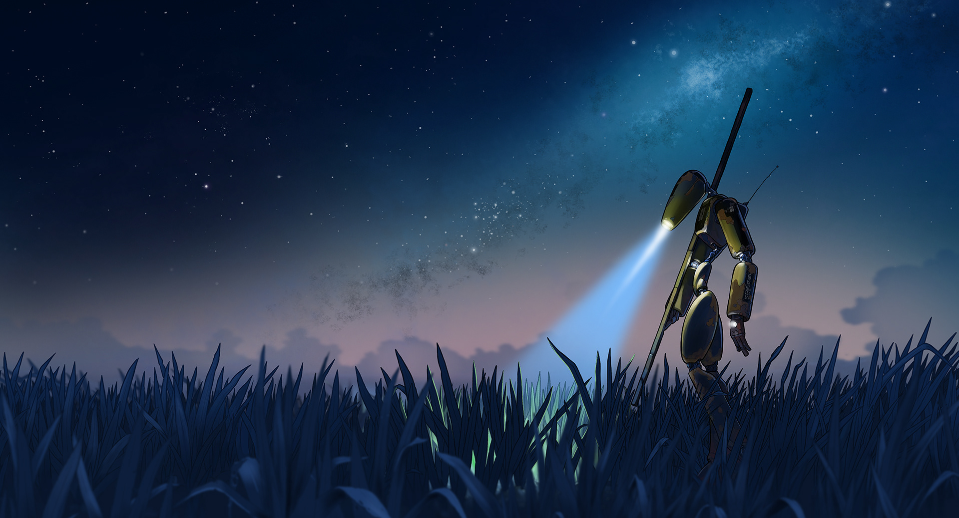 Einsamer Roboter durchquert bei Nacht eine weite Graslandschaft unter einem Sternenhimmel mit sichtbarer Milchstraße