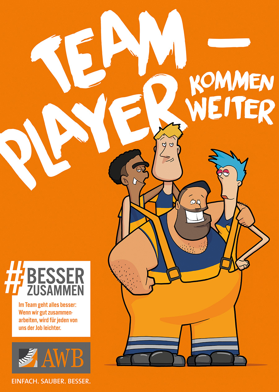 Gruppenillustration mehrerer Müllwerker, die als eingespieltes Team zusammenstehen – Botschaft: Teamgeist führt zum Erfolg