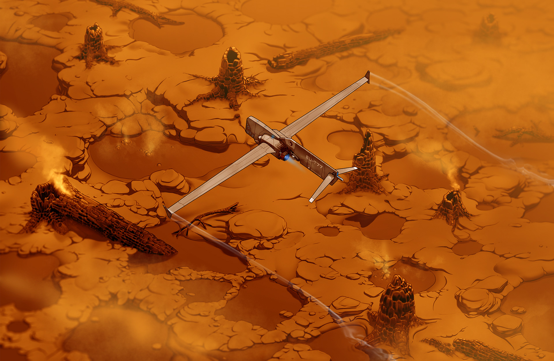 Drohne fliegt über eine vom Krieg verwüstete Landschaft mit verbrannter Erde und verkohlten Baumstümpfen