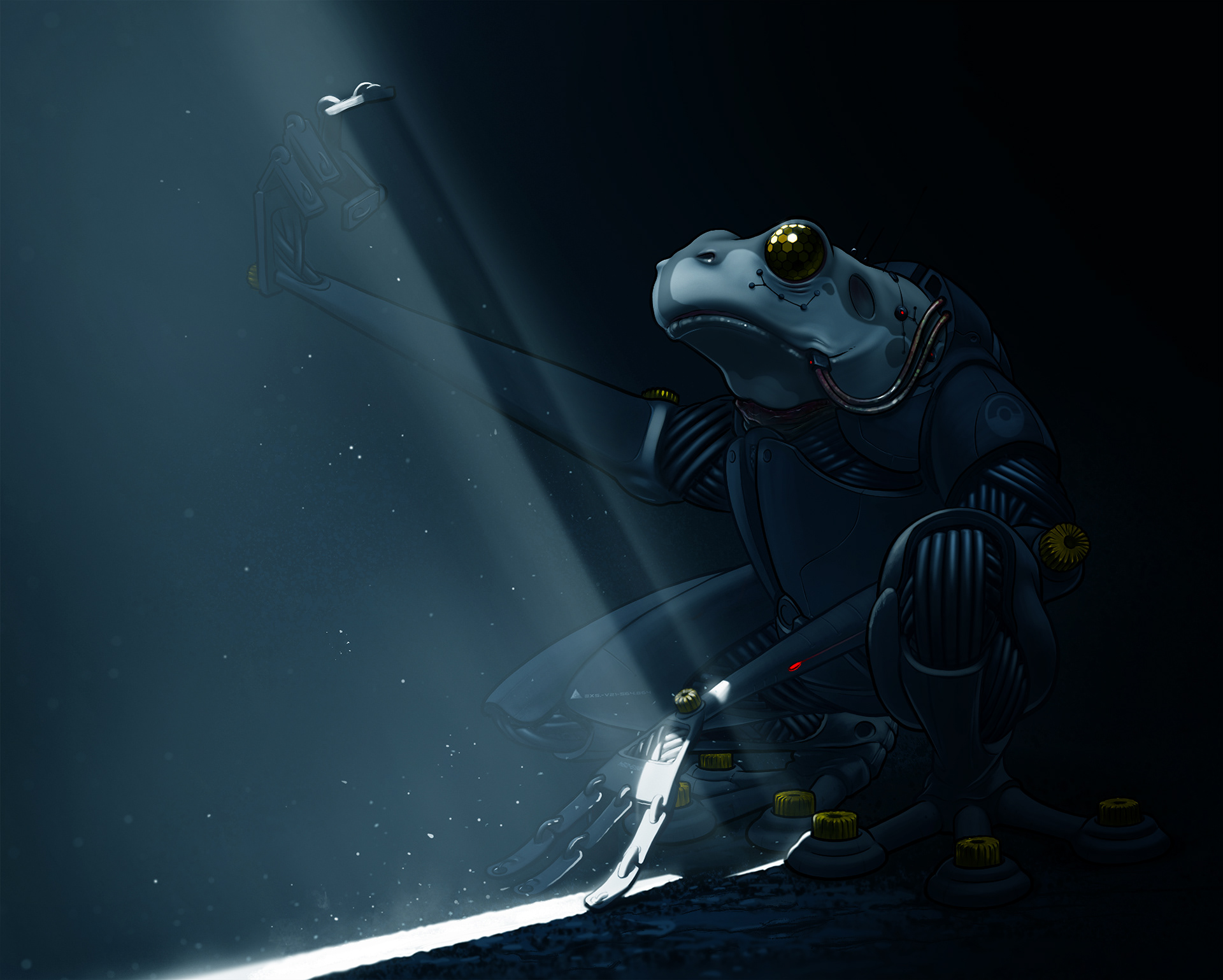 Kybernetisch aufgerüstete Amphibie sitzt gefangen in einem düsteren Verlies, nach der Niederlage im Krieg gegen die Säugetiere.