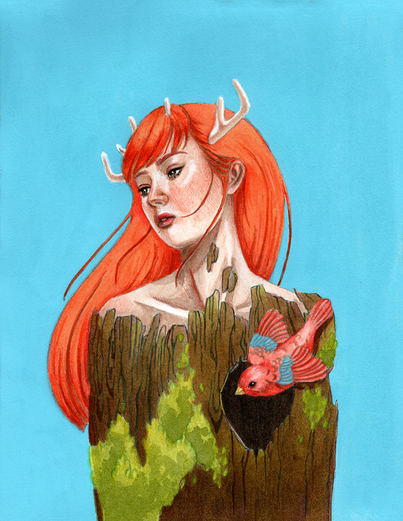 Visitor, acrylic & colored pencil on watercolor paper, 2021