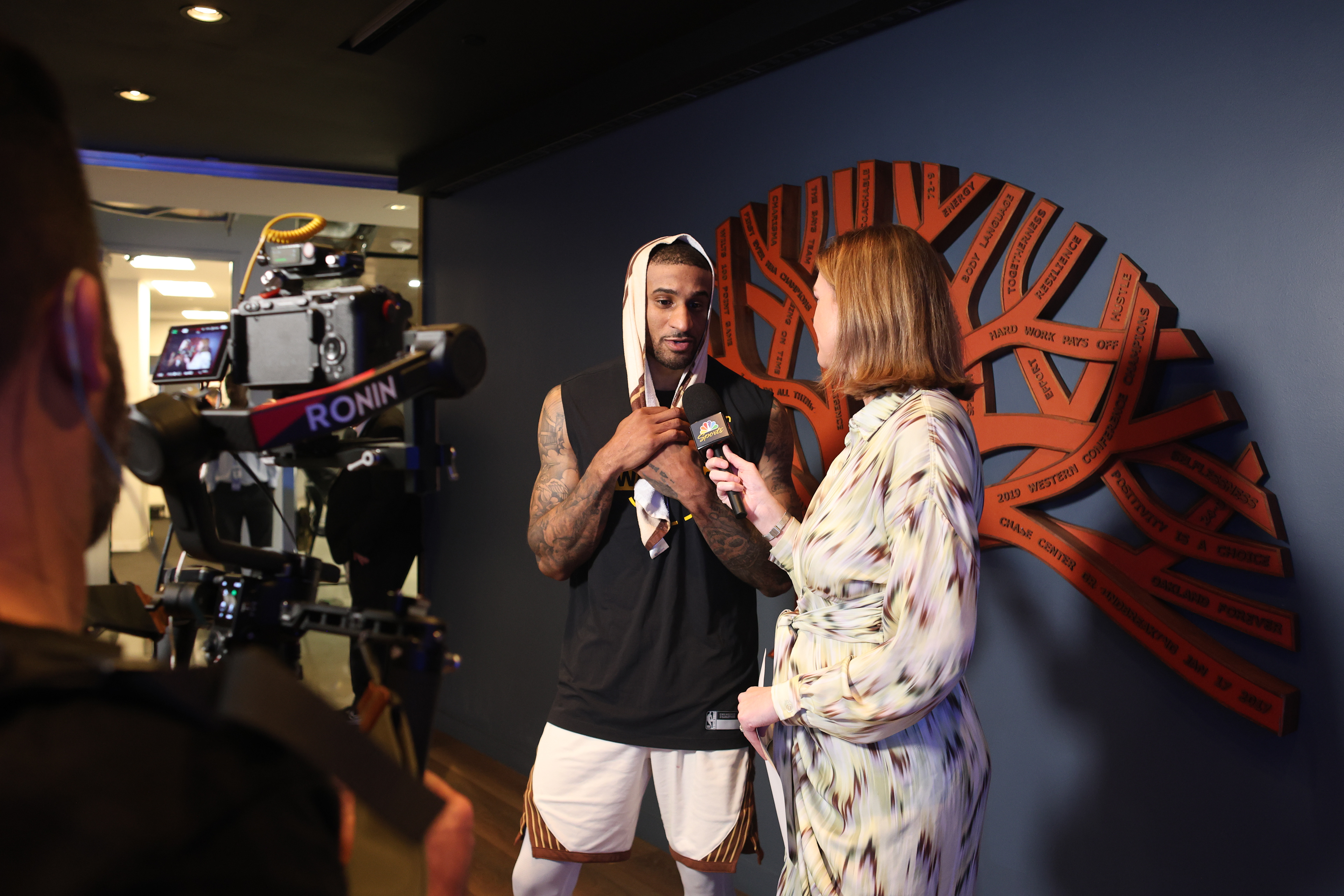 Guard Gary Payton II speaks with Kerith Burke of NBC Sports Bay Area after a 131-126 win over the Washington Wizards on March 27, 2026. Photo by Klyde Java.