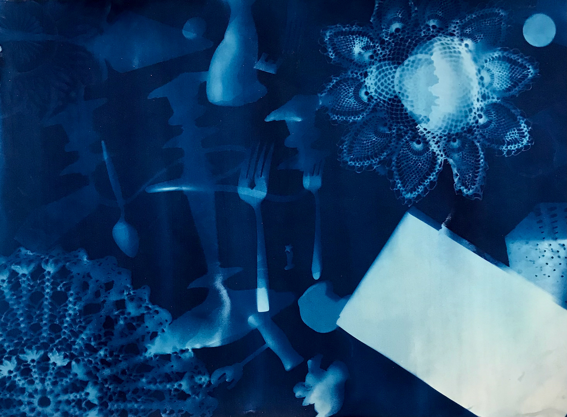 “I spy a candle now existing as half erect and half a pool of wax”, 29” x 20 1/2”, Cyanotype on cold pressed paper, 2022