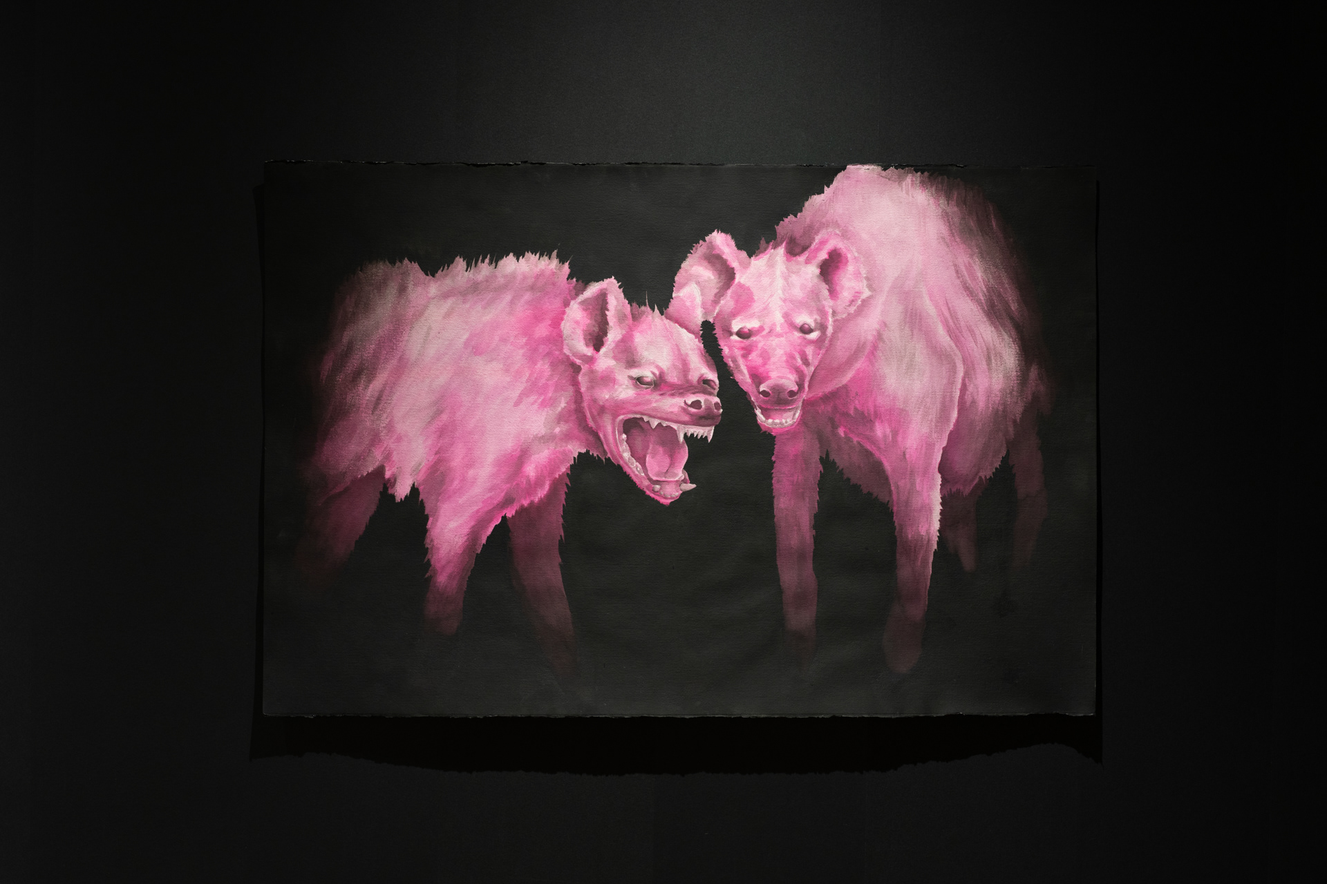 “You and your hyenas stand facing them. Suddenly the animals lunge at them, ripping their throats out and rendering them silent forever” watercolor and ink on paper, 40”x60”, 2023.