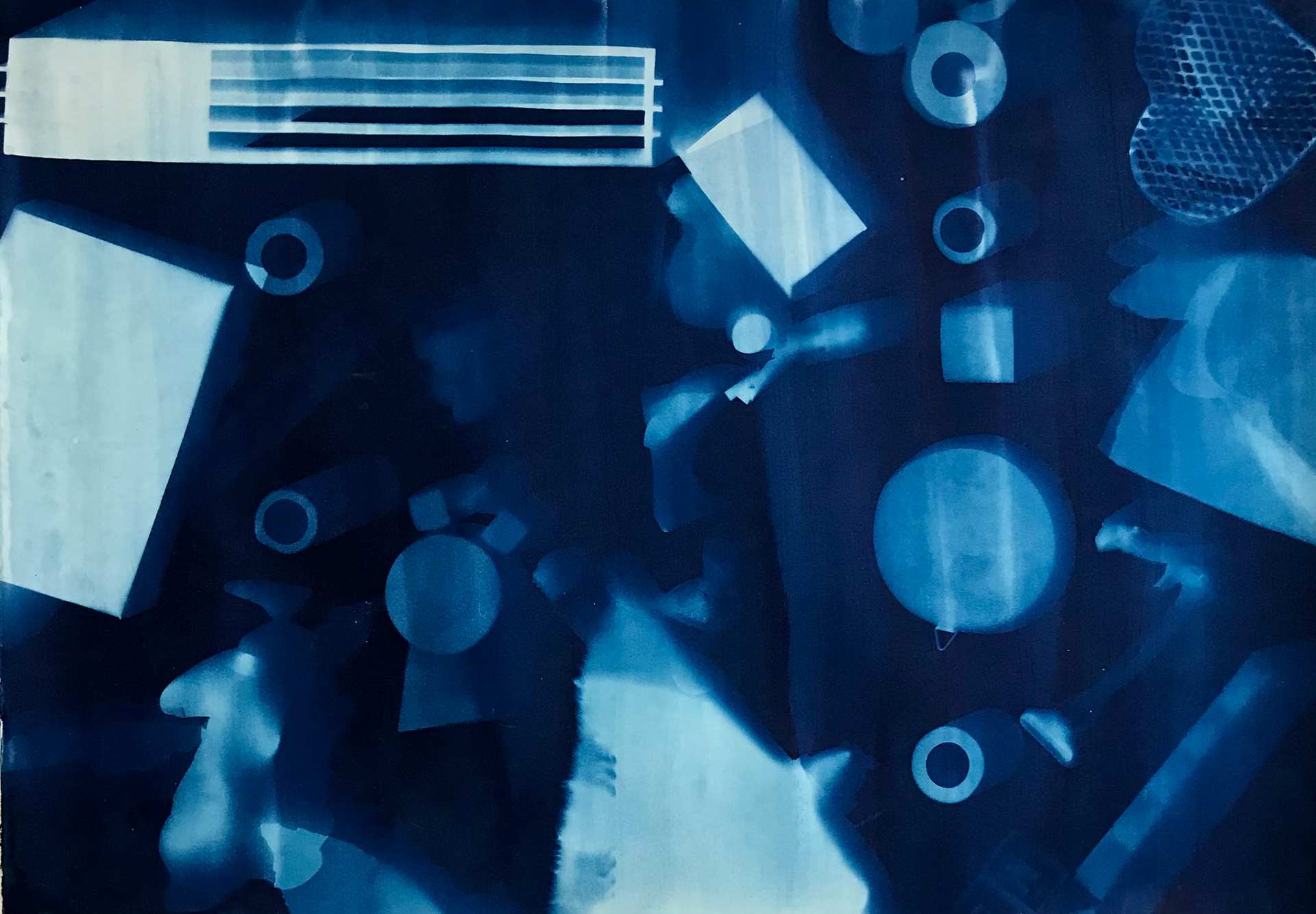 “I spy the raw aluminum that houses my vanity”, 29” x 20 1/2”, Cyanotype on cold pressed paper, 2022