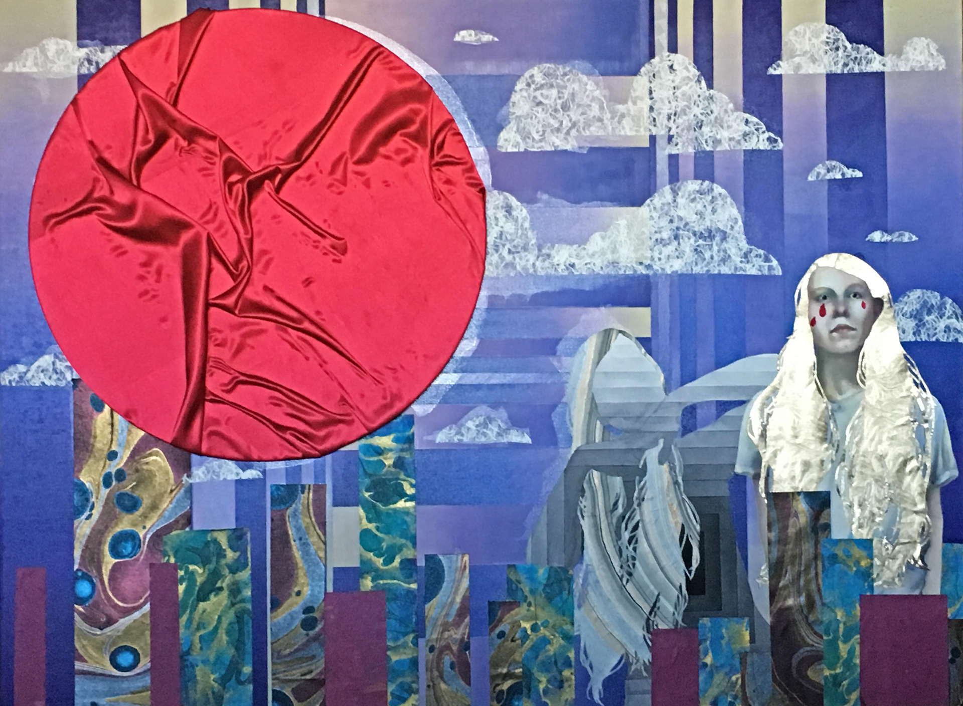 What Defines Me?, watercolor, oil paint, marbled paper, silk, 60"x40"