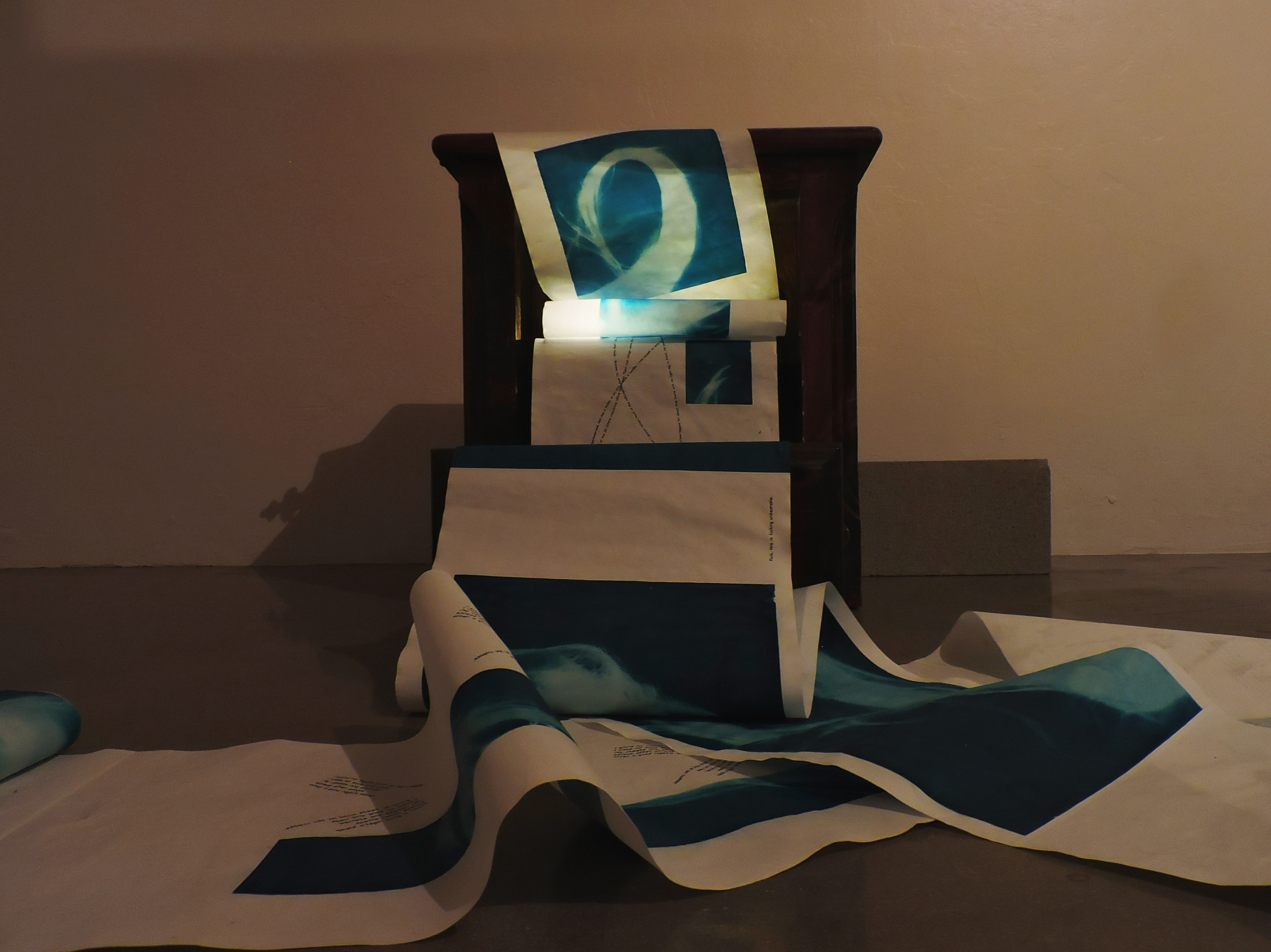 Anamnesis, installation view, cyanotype and inkjet print on vellum, 168’ x 16”, 2021.