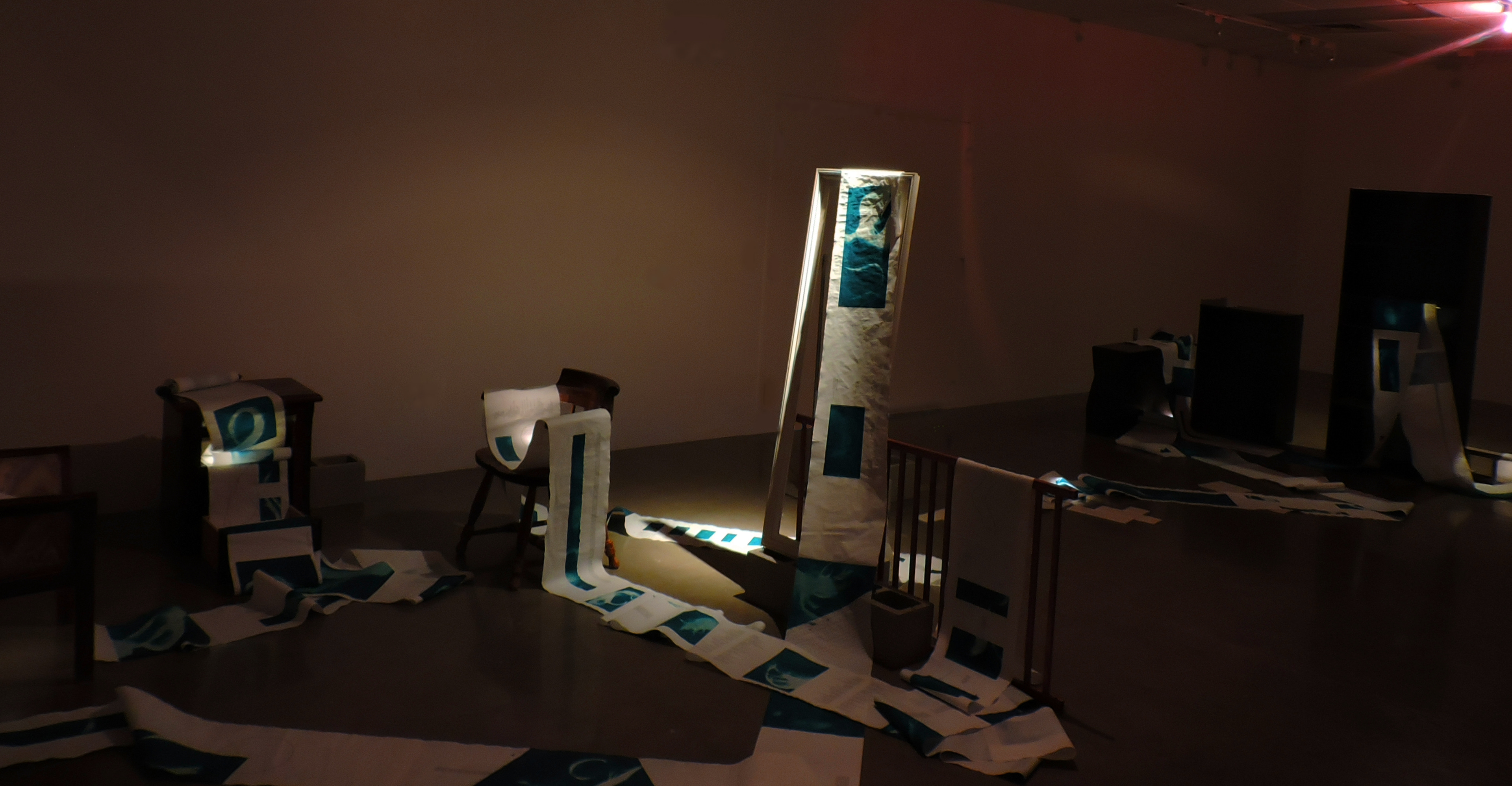 Anamnesis, installation view, cyanotype and inkjet print on vellum, 168’ x 16”, 2021.