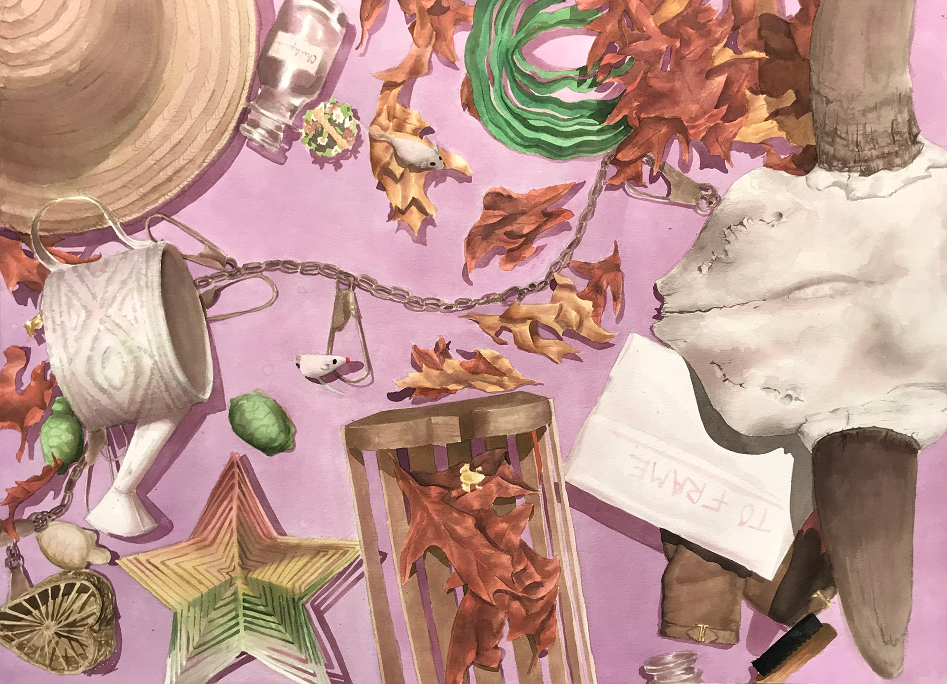“I spy potted plants and shiny treasure”, 28” x 20 1/2”, Watercolor on cold pressed paper, 2022