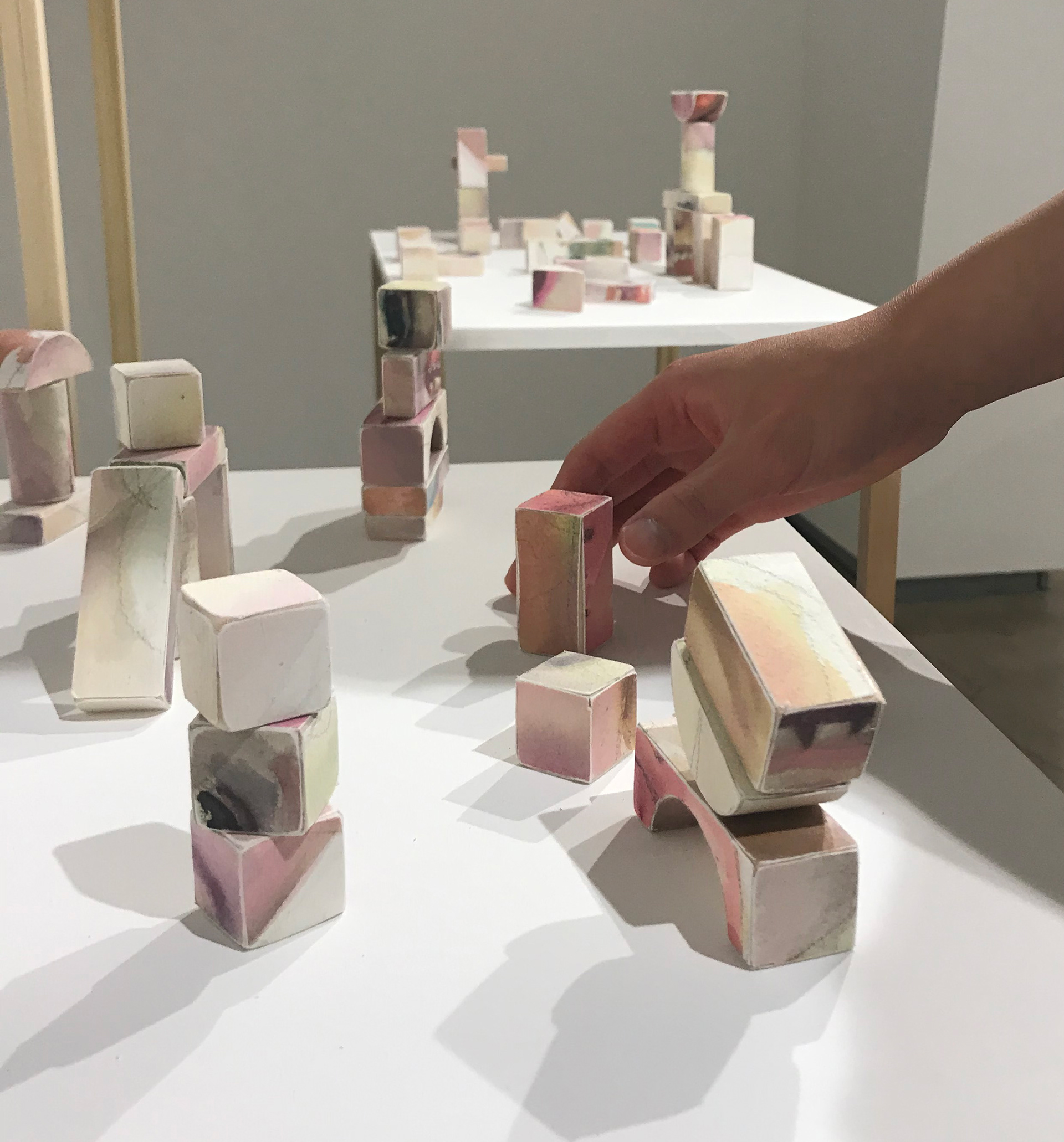 Superstructure, watercolor, pine, dimensions vary, 2020. Interactive block toy