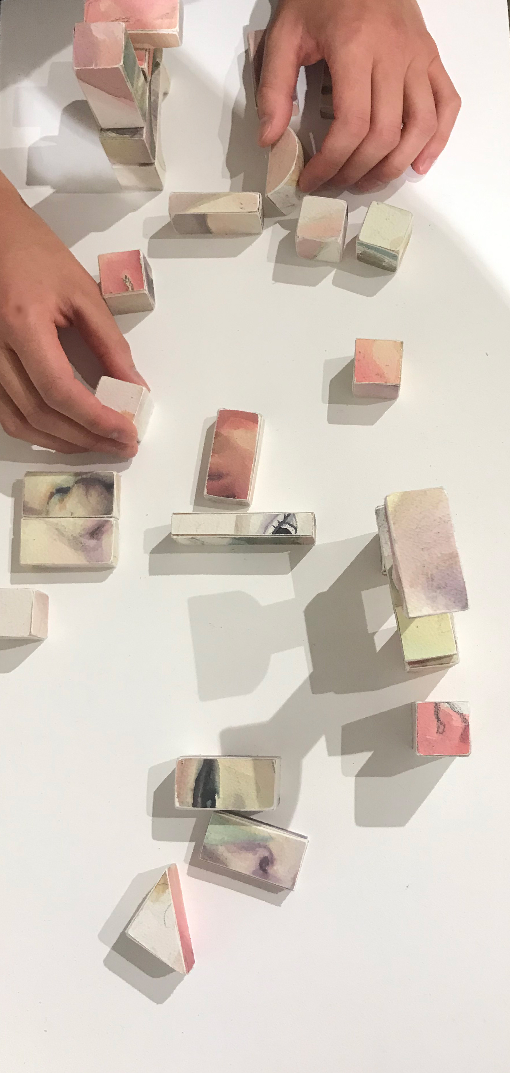 Superstructure, watercolor, pine, dimensions vary, 2020. Interactive block toy