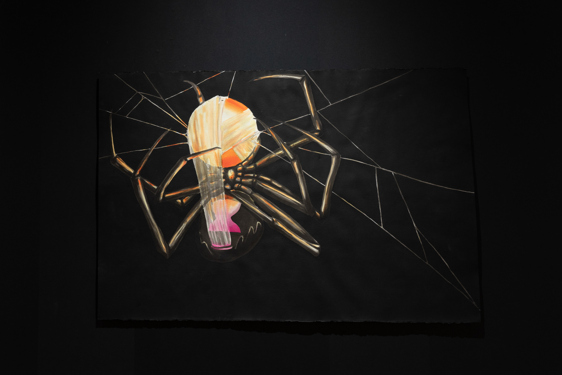 “You start to slowly roll your wrists and ankles. You extend your arms above your head and stretch your entire body out. When you feel ready you prop yourself up and open your eyes to see a large black widow perched on the wall to your left.” Watercolor and ink on cold pressed paper, 40”x60”, 2023.
